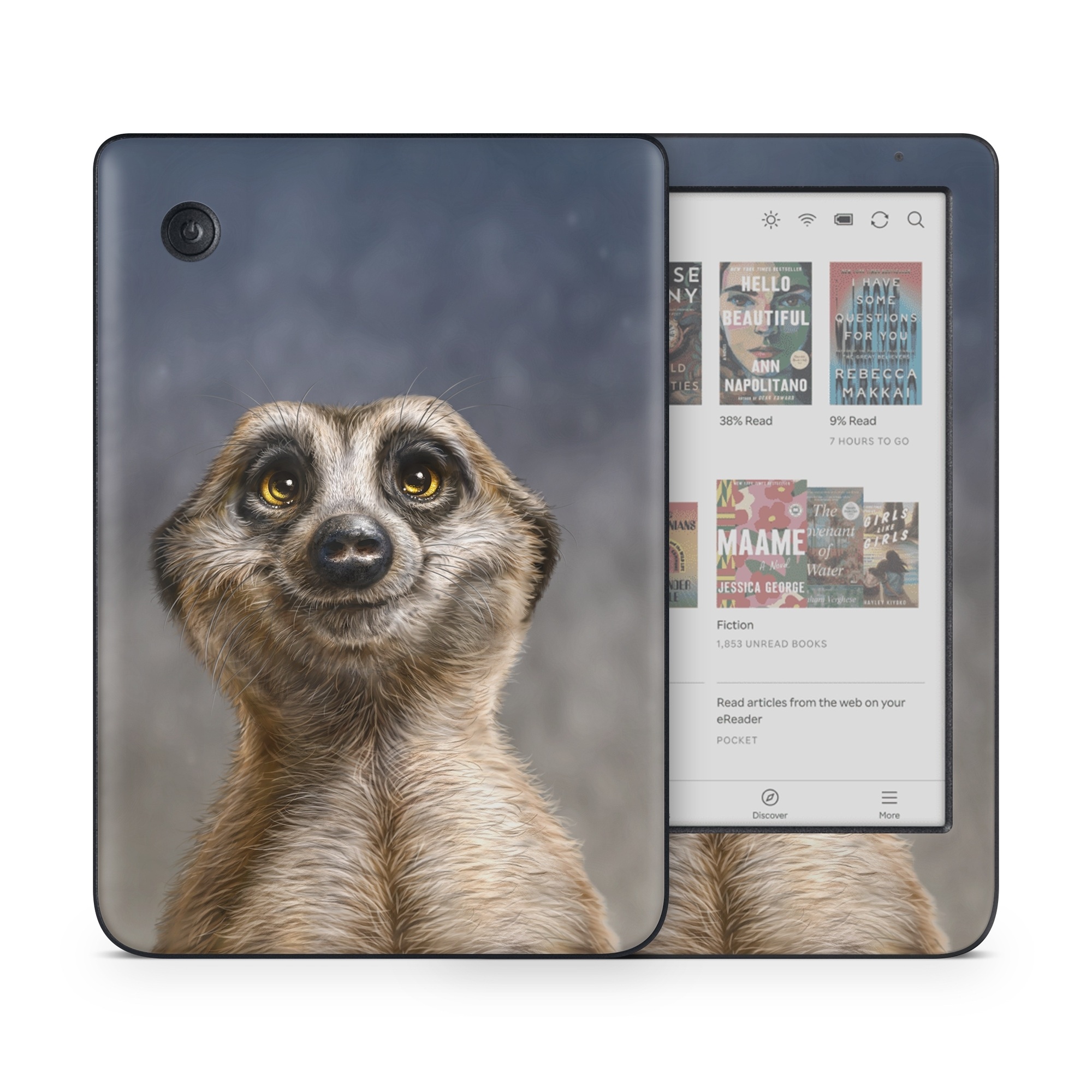 Kobo Clara Colour Skin design of Face, Head, Eye, Eyelash, Human body, Carnivore, Iris, Terrestrial animal, Whiskers, Snout, with white, gray, brown, yellow, black, blue colors