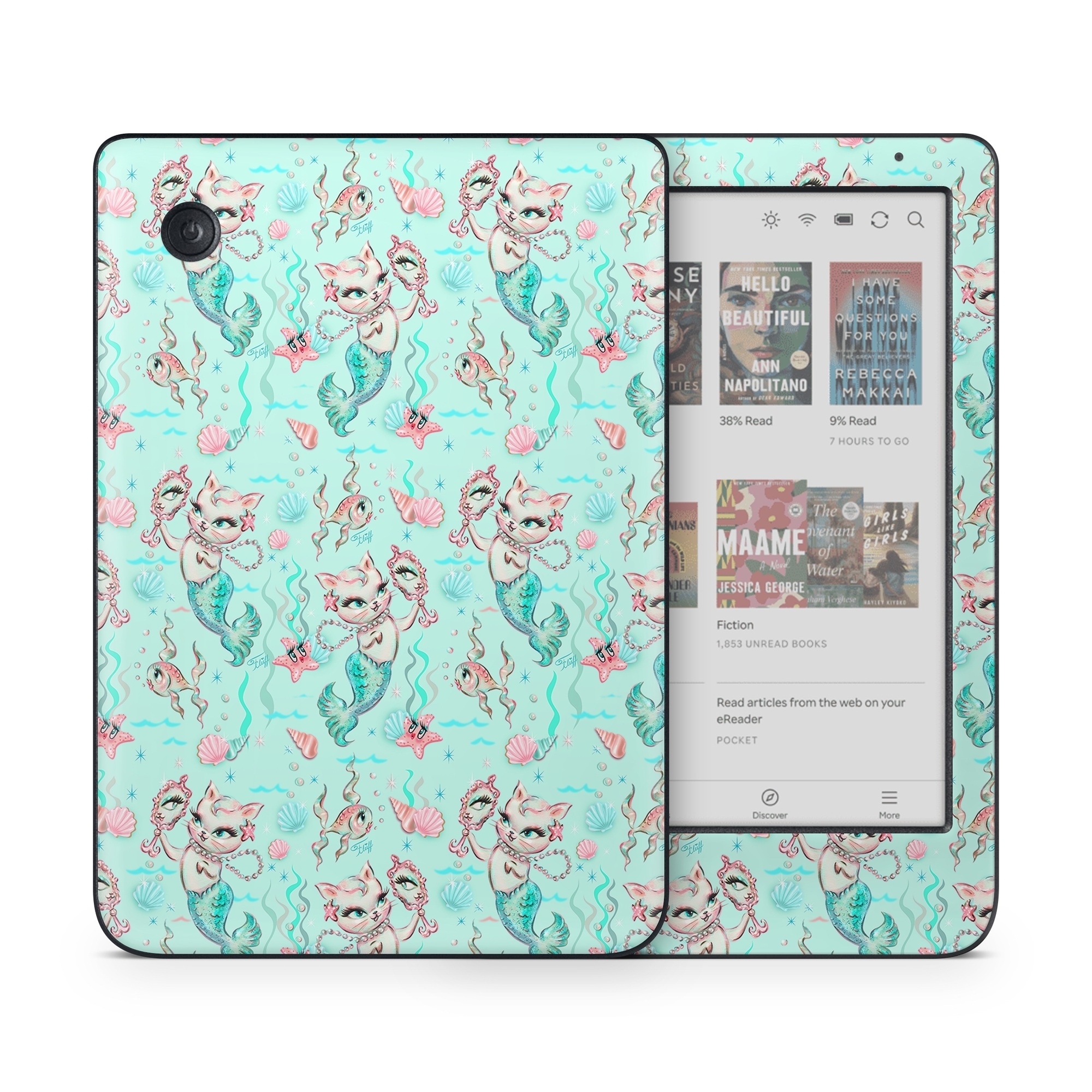 Kobo Clara Colour Skin design of Green, Aqua, Pattern, Teal, Turquoise, Pink, Textile, Wrapping paper, Design, with blue, pink, white, green colors