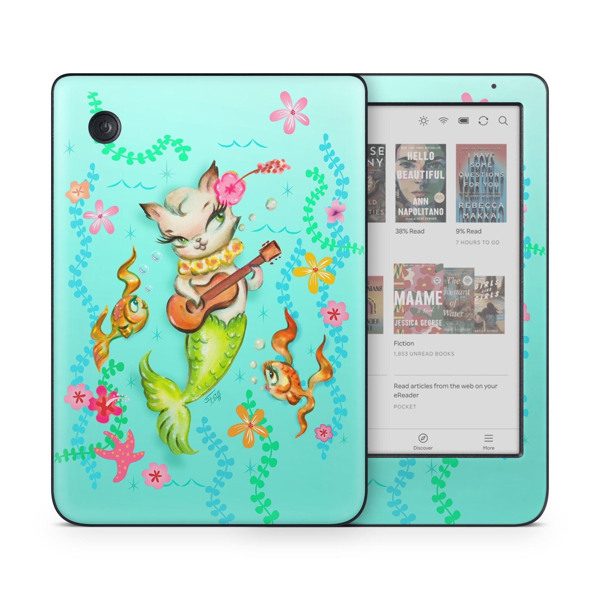Kobo Clara Colour Skin design of Fictional character, Illustration, Mermaid, Mythical creature, Clip art, Art, with blue, green, pink, yellow, orange, white, gray, brown colors