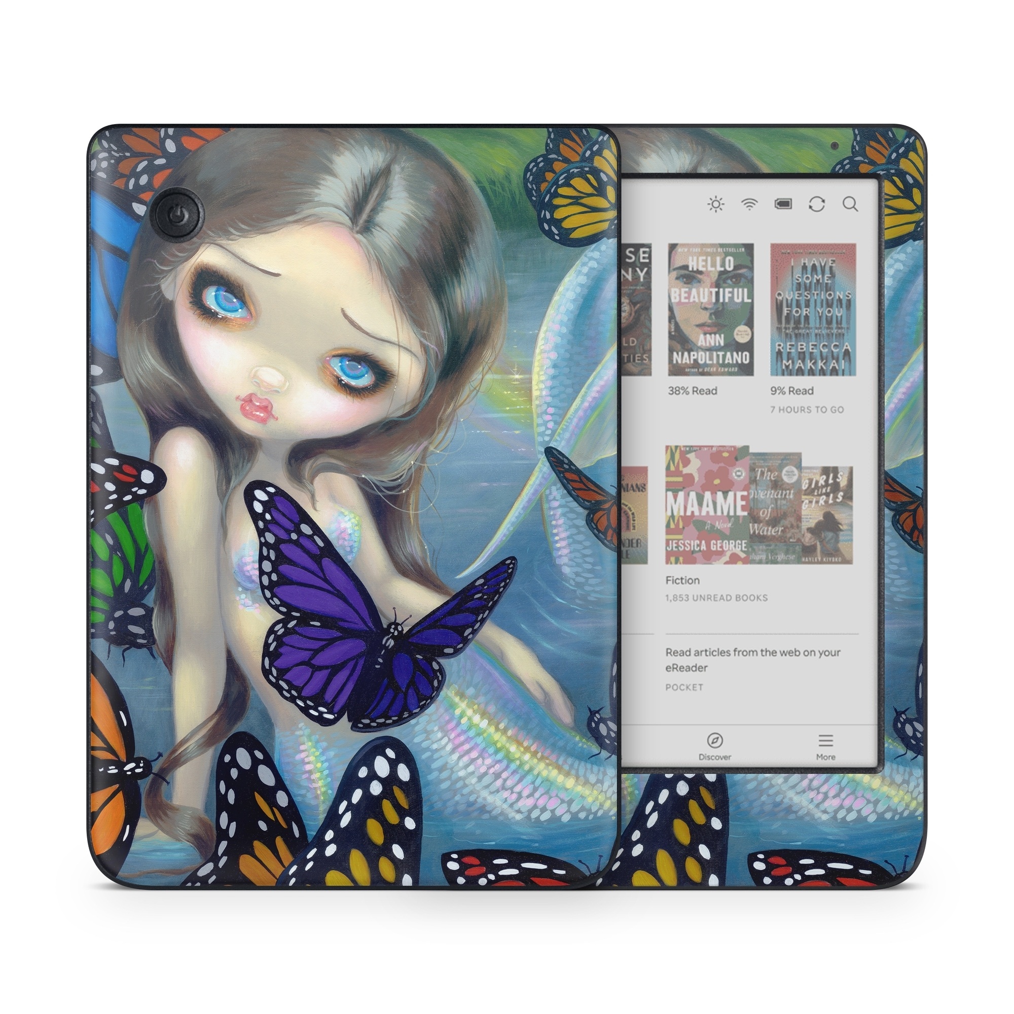 Kobo Clara Colour Skin design of Butterfly, Insect, Monarch butterfly, Moths and butterflies, Cynthia (subgenus), Invertebrate, Pollinator, Brush-footed butterfly, Organism, Art, with gray, black, blue, red, pink colors