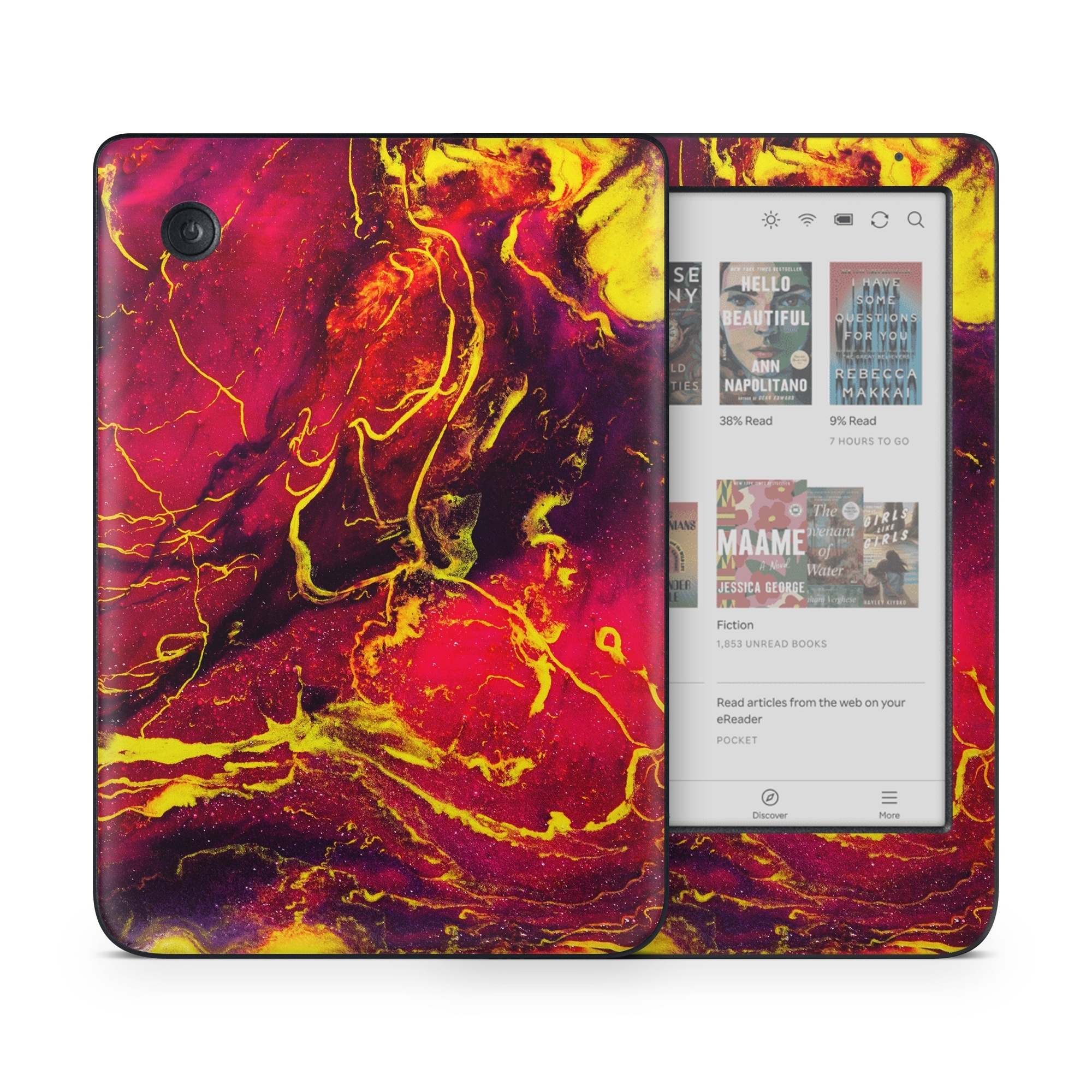 Kobo Clara Colour Skin design of Red, Purple, Geological phenomenon, Pattern, Fractal art, Art, Fictional character, Graphics, with red, yellow, black colors