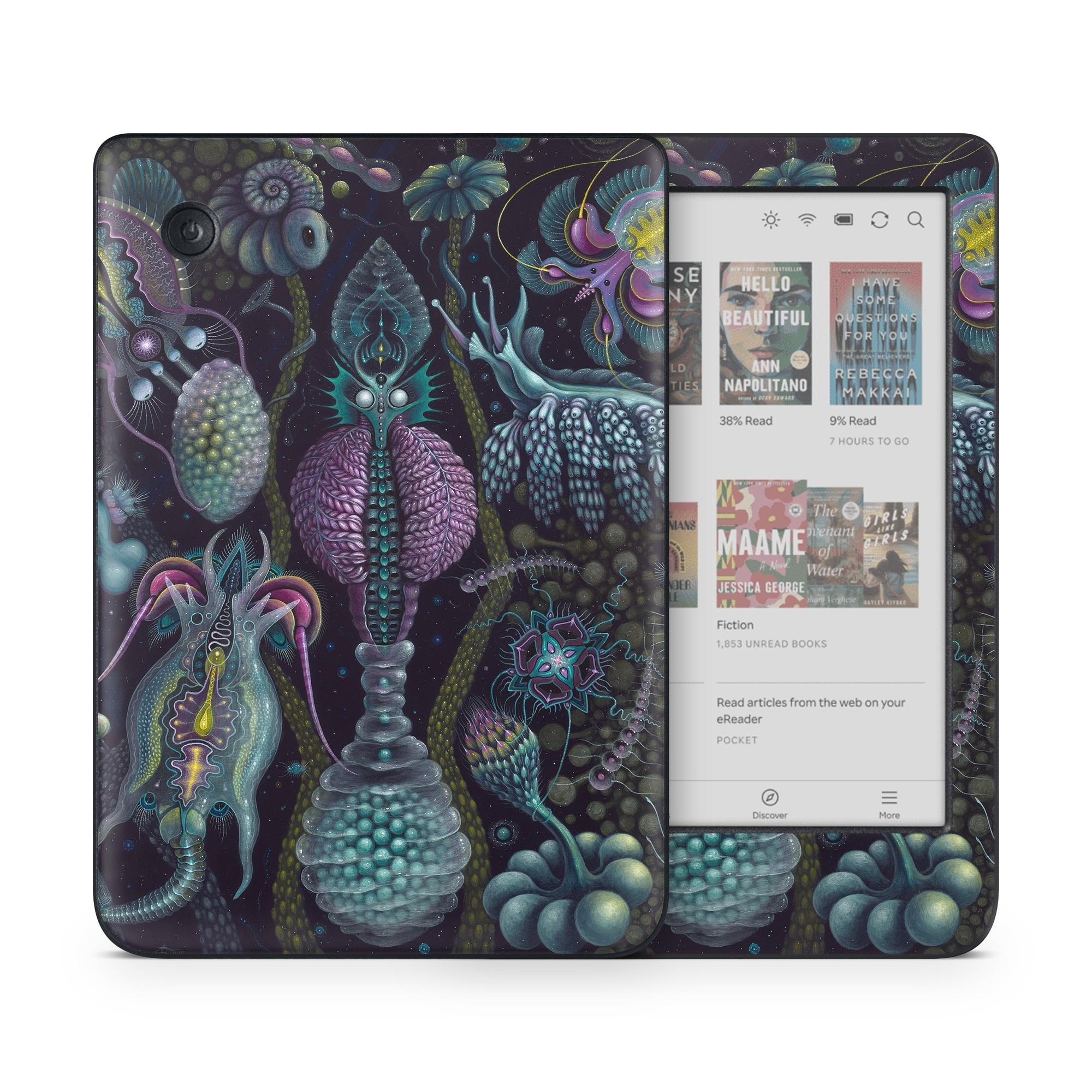 Kobo Clara Colour Skin design of Organism, Pattern, Art, Illustration, Fractal art, Psychedelic art, Design, Visual arts, Plant, Modern art, with black, green, purple, pink, yellow, blue colors