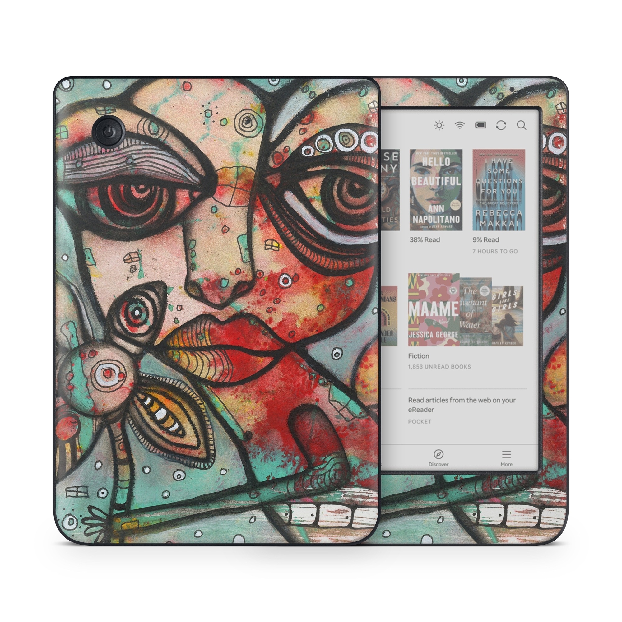 Kobo Clara Colour Skin design of Modern art, Art, Painting, Illustration, Visual arts, Psychedelic art, Acrylic paint, Watercolor paint, Graffiti, Drawing, with gray, black, red, green, blue, white colors