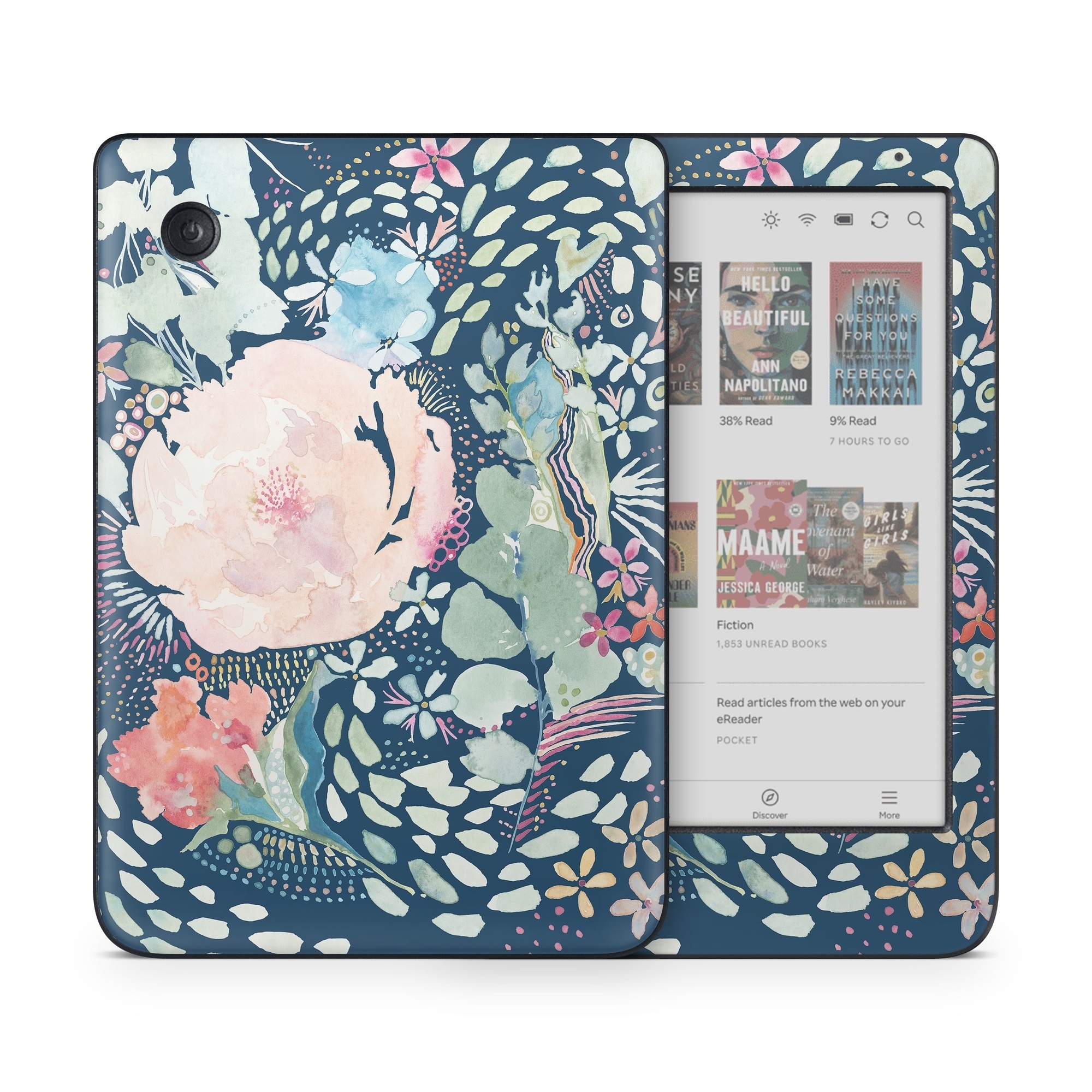 Kobo Clara Colour Skin design of Flower, Plant, Petal, Botany, Textile, Sleeve, Creative arts, Art, Painting, Aqua, with blue, pink, green, white, orange, yellow, red colors