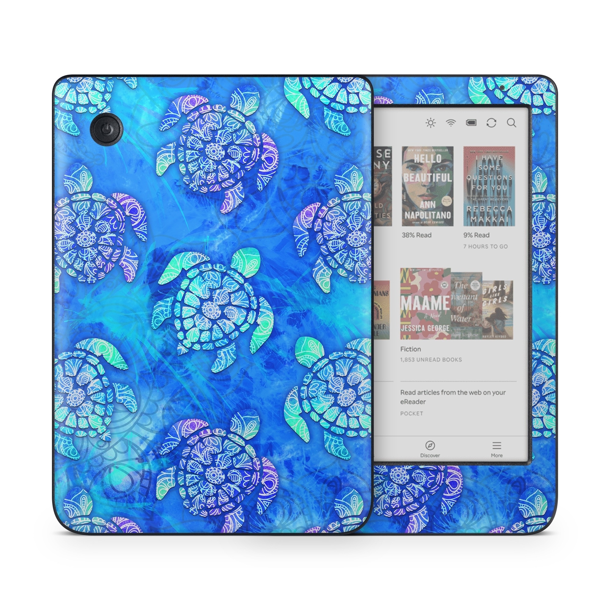 Kobo Clara Colour Skin design of Blue, Pattern, Organism, Design, Sea turtle, Plant, Electric blue, Hydrangea, Flower, Symmetry, with blue, green, purple colors