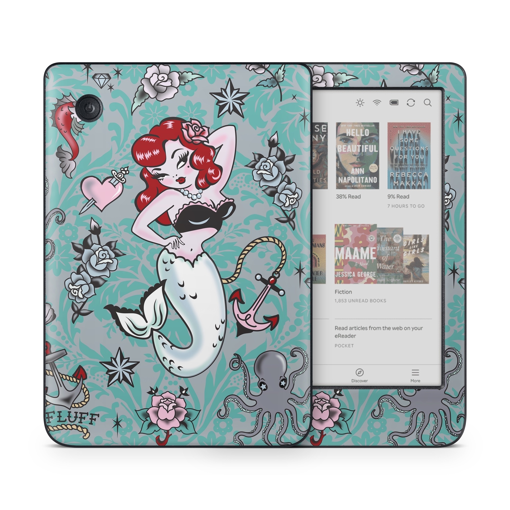 Kobo Clara Colour Skin design of Mermaid, Illustration, Fictional character, Organism, Art, Pattern, Style, with gray, blue, black, red, white, pink colors
