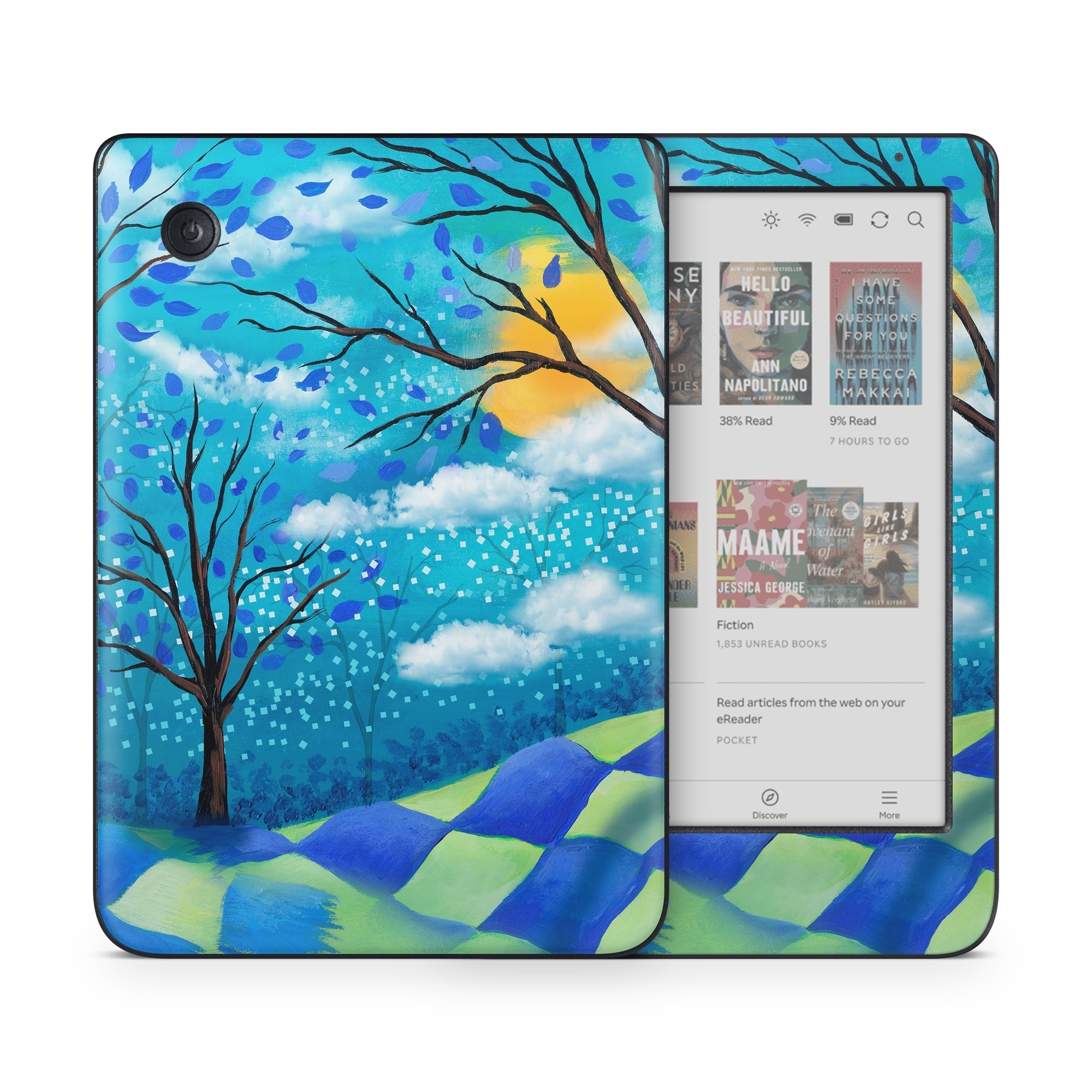 Kobo Clara Colour Skin design of Natural landscape, Nature, Blue, Tree, Sky, Branch, Spring, Woody plant, Plant, Leaf, with blue, gray, black, purple, green colors
