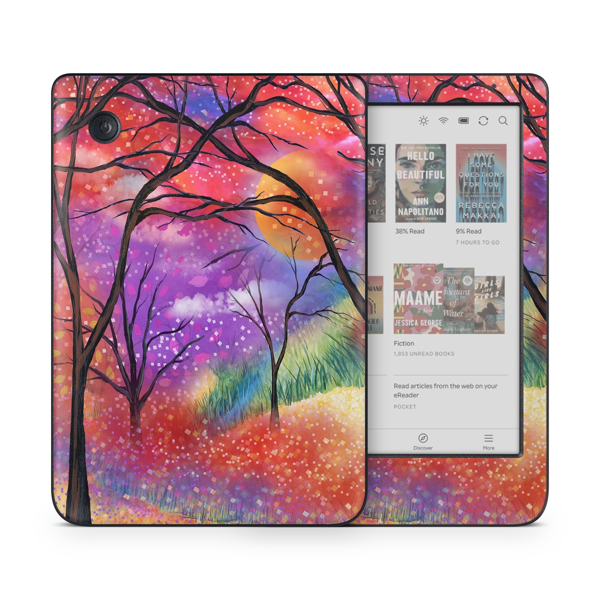 Kobo Clara Colour Skin design of Nature, Tree, Natural landscape, Painting, Watercolor paint, Branch, Acrylic paint, Purple, Modern art, Leaf, with red, purple, black, gray, green, blue colors