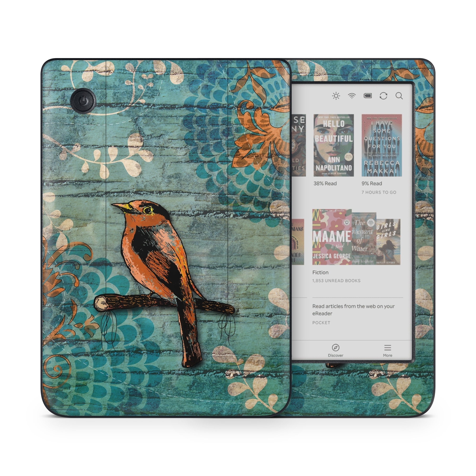 Kobo Clara Colour Skin design of Bird, Turquoise, Painting, Art, Coraciiformes, Branch, Beak, Wildlife, Perching bird, Illustration, with black, blue, gray, green, red colors
