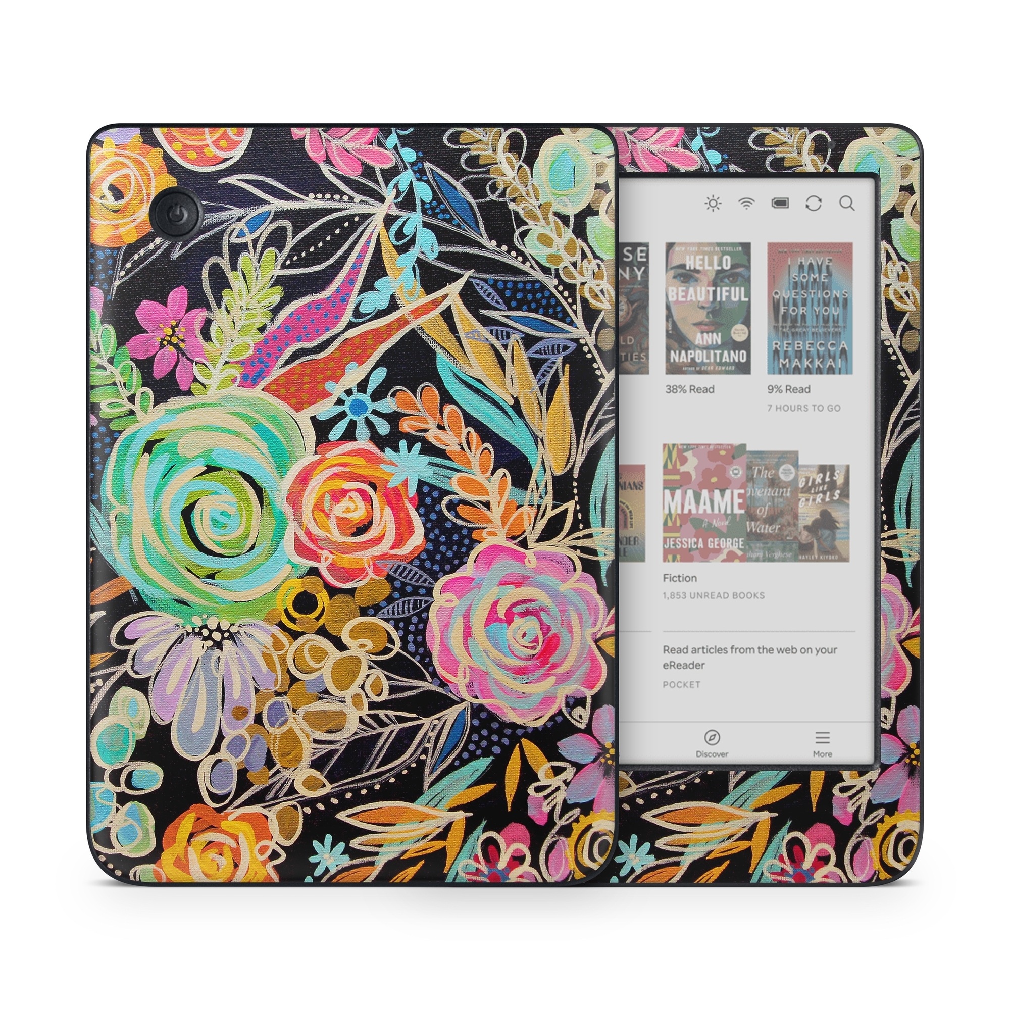 Kobo Clara Colour Skin design of Pattern, Floral design, Design, Textile, Visual arts, Art, Graphic design, Psychedelic art, Plant, with black, gray, green, red, blue colors