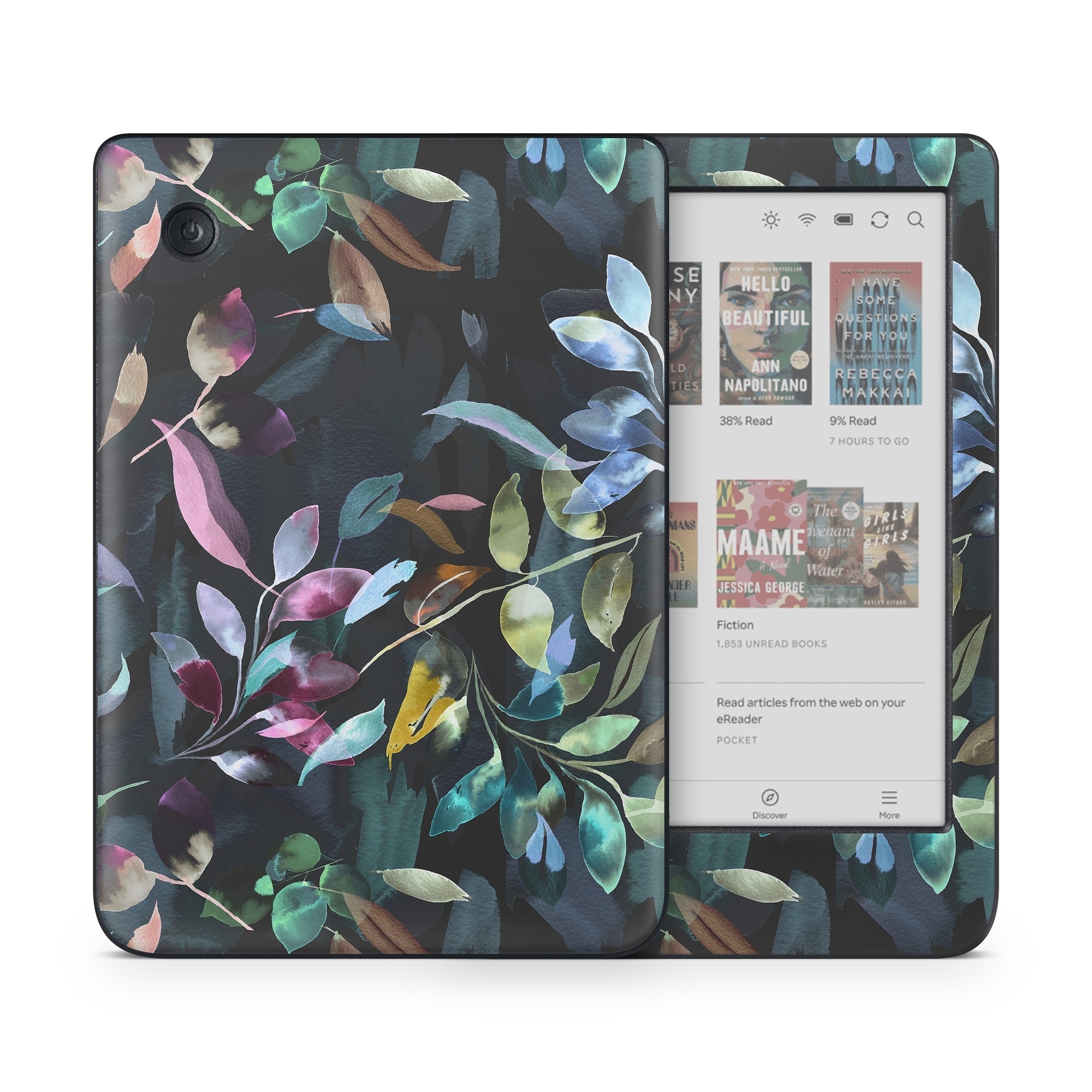 Kobo Clara Colour Skin design of Flower, Leaf, Plant, Botany, Organism, Line, Art, Petal, Groundcover, Terrestrial plant, with black, blue, green, purple, pink, red, white colors