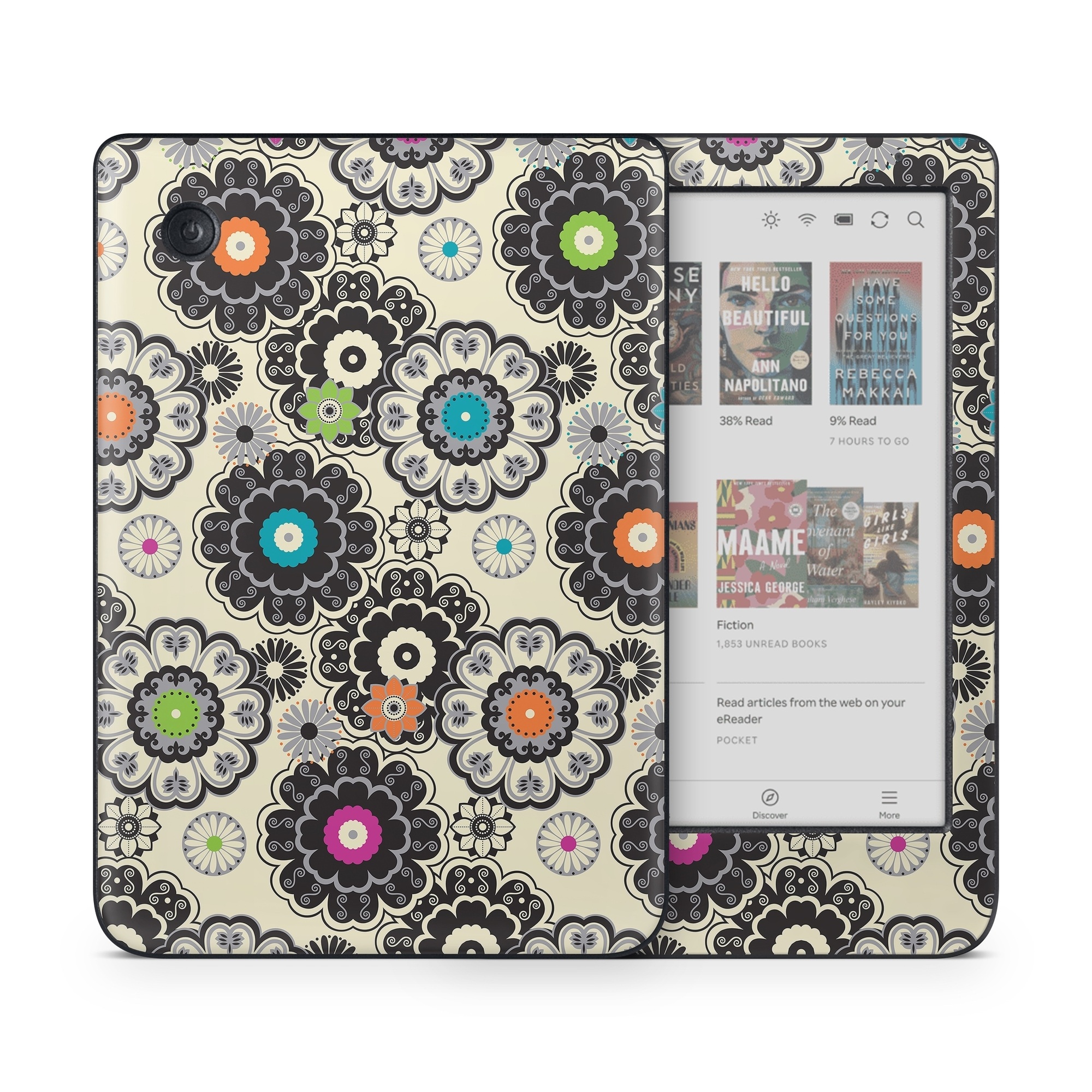 Kobo Clara Colour Skin design of Pattern, Circle, Design, Visual arts, Floral design, Textile, Psychedelic art, Art, Plant, with gray, black, pink, green, purple colors