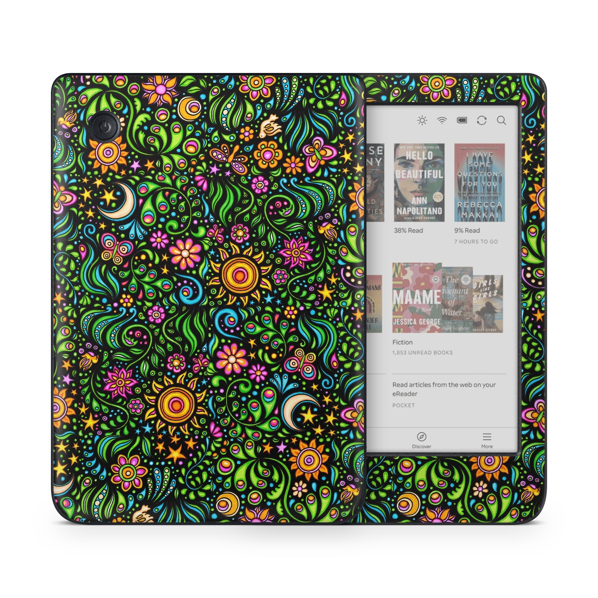 Kobo Clara Colour Skin design of Pattern, Psychedelic art, Visual arts, Art, Design, Motif, Organism, Circle, Textile, Plant, with black, red, green, blue, purple colors