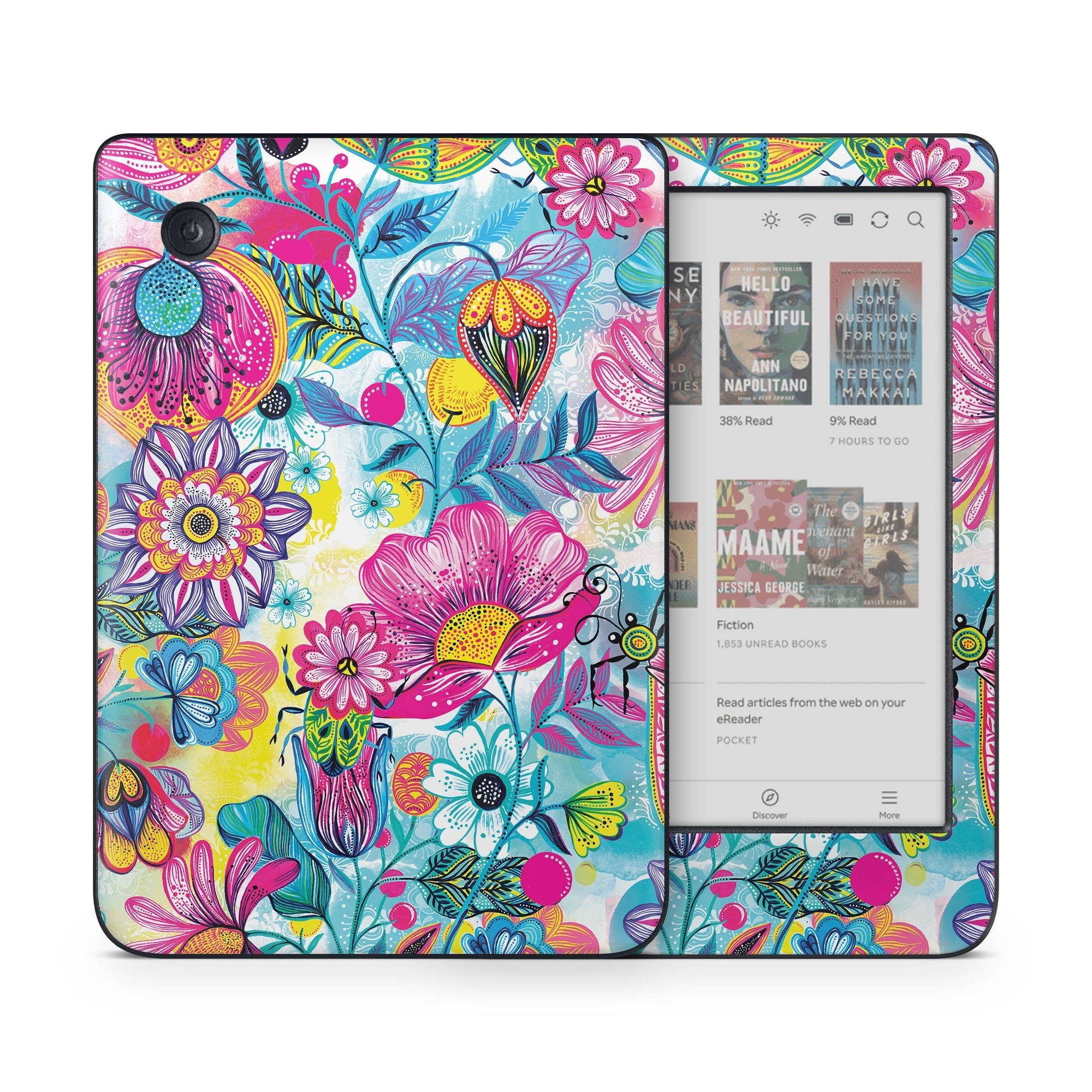 Kobo Clara Colour Skin design of Pattern, Floral design, Textile, Design, Flower, Wildflower, Visual arts, Plant, Wrapping paper, with blue, pink, purple, green, yellow, orange, white colors