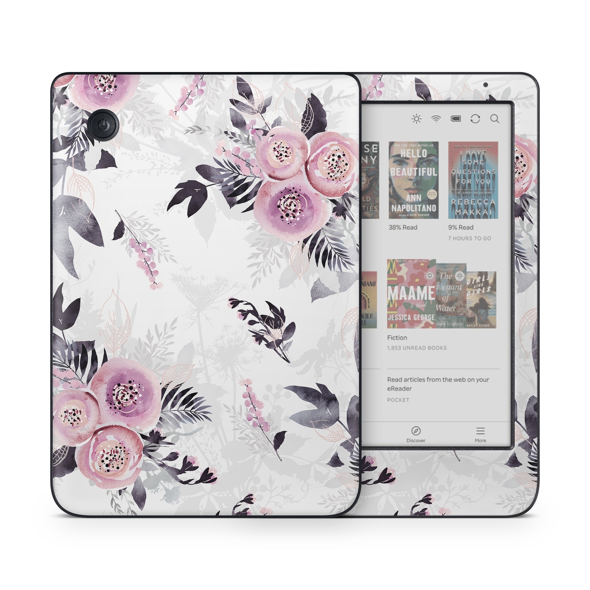 Kobo Clara Colour Skin design of Pink, Pattern, Design, Floral design, Textile, Plant, Flower, Magenta, Petal, Wallpaper, with white, purple, pink, black, gray colors