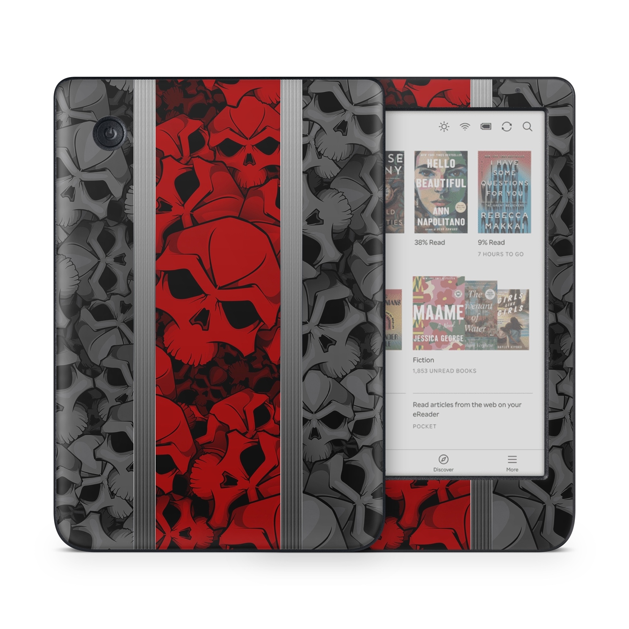 Kobo Clara Colour Skin design of Font, Text, Pattern, Design, Graphic design, Black-and-white, Monochrome, Graphics, Illustration, Art, with black, red, gray colors