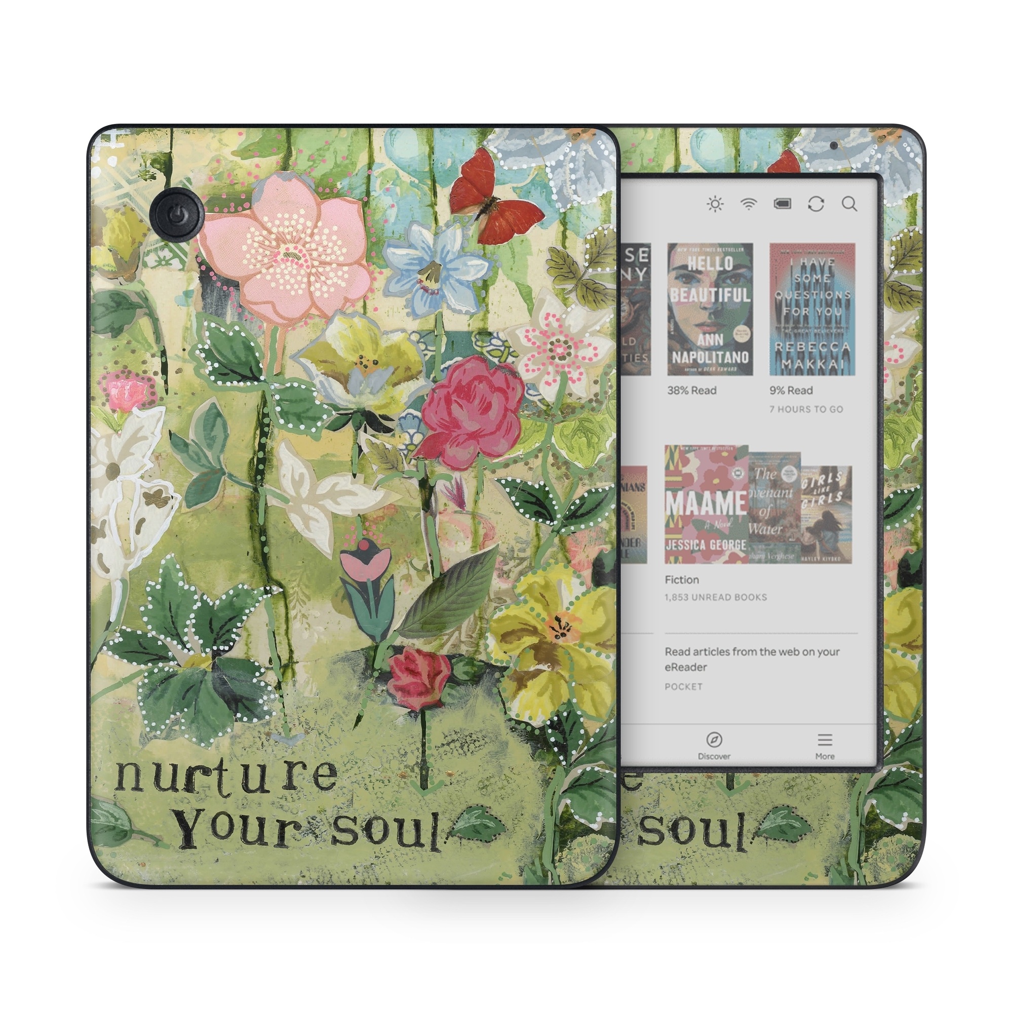 Kobo Clara Colour Skin design of Flower, Plant, Botany, Pink, Wildflower, Flowering plant, Watercolor paint, Petal, Floral design, Pattern, with green, pink, red, blue, white, black colors