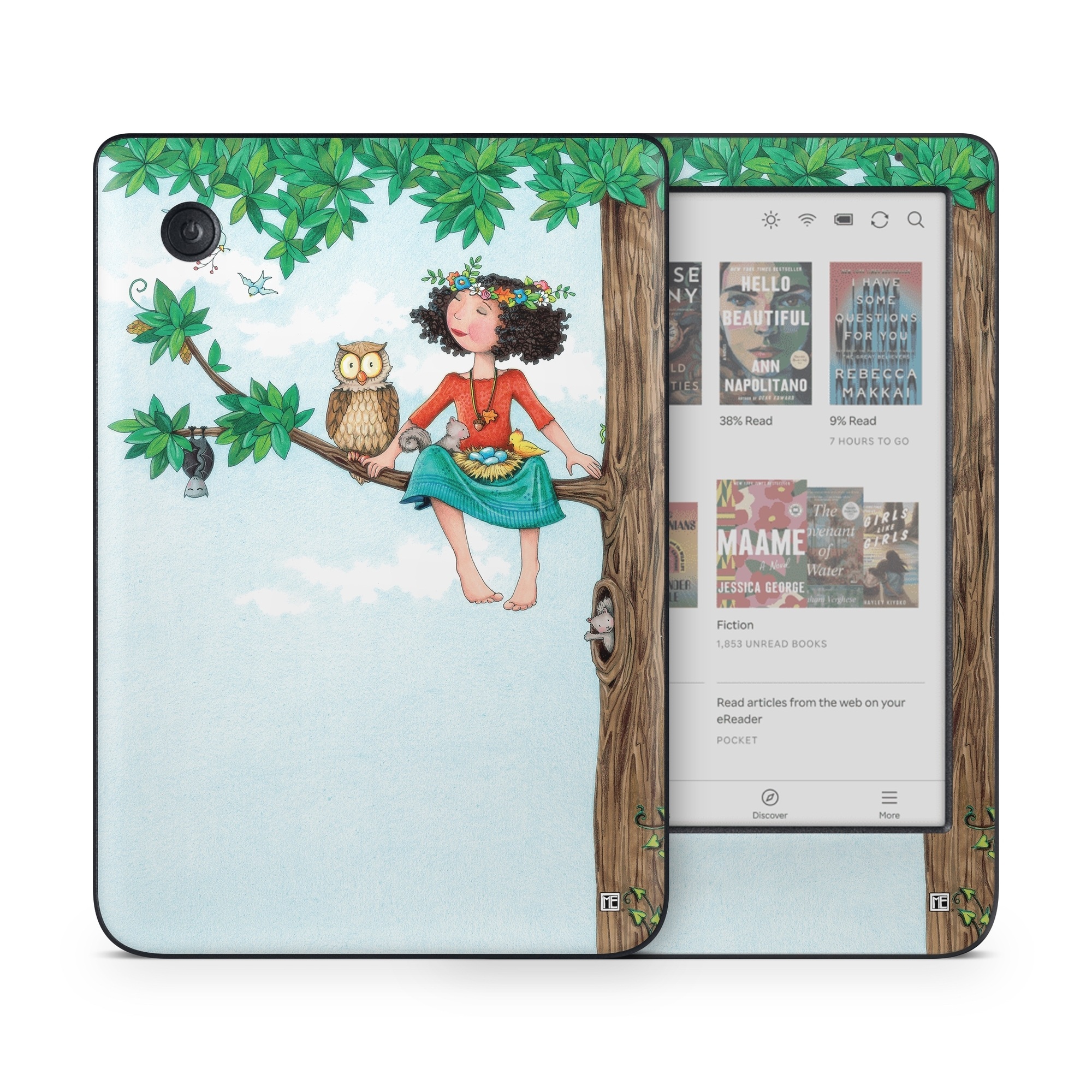 Kobo Clara Colour Skin design of Cartoon, Illustration, Branch, Bird, Owl, Tree, Art, Plant, Clip art, Fictional character, with blue, gray, red, black, white, green colors