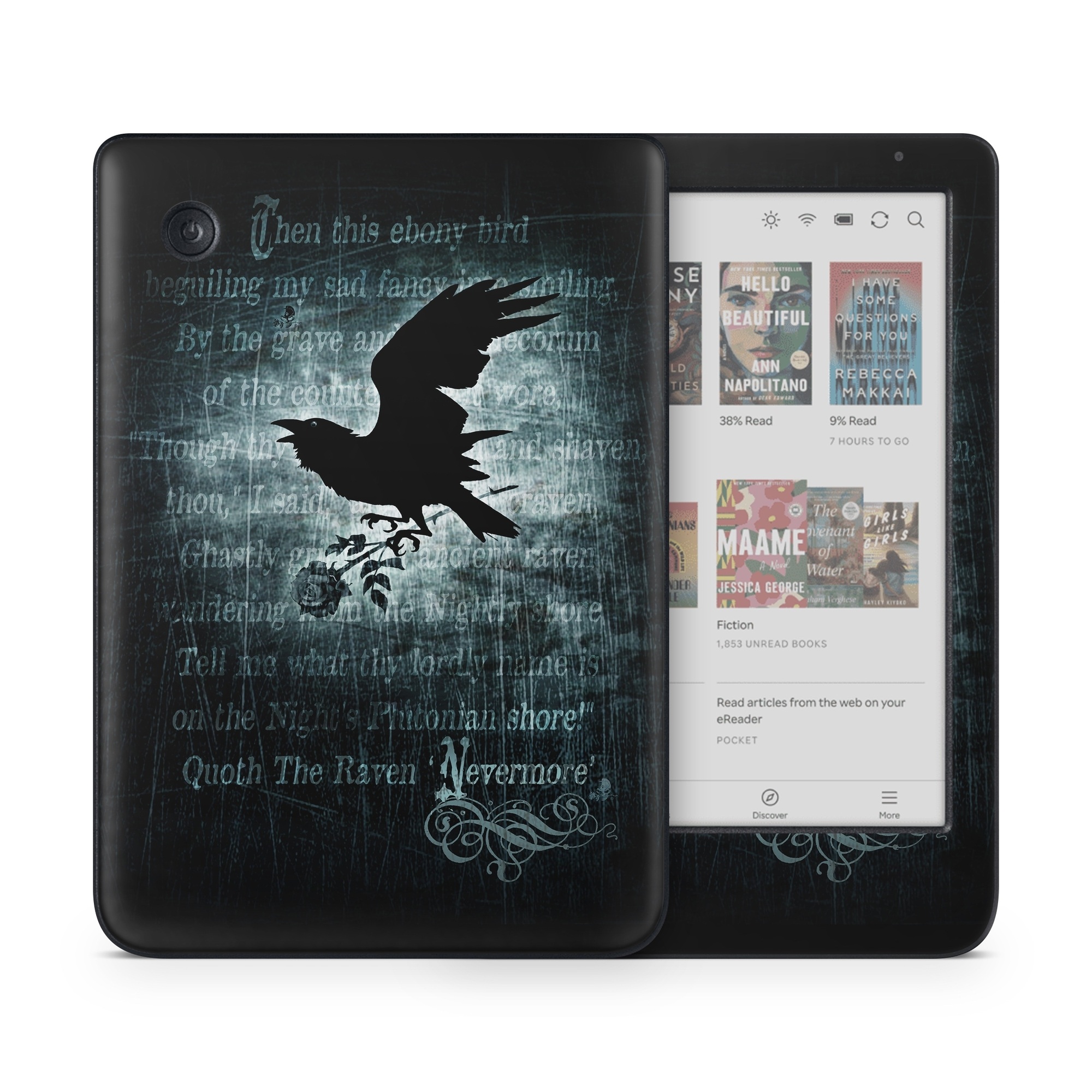 Kobo Clara Colour Skin design of Bird, Text, Wing, Graphic design, Darkness, Font, Illustration, Graphics, with black, white, blue colors
