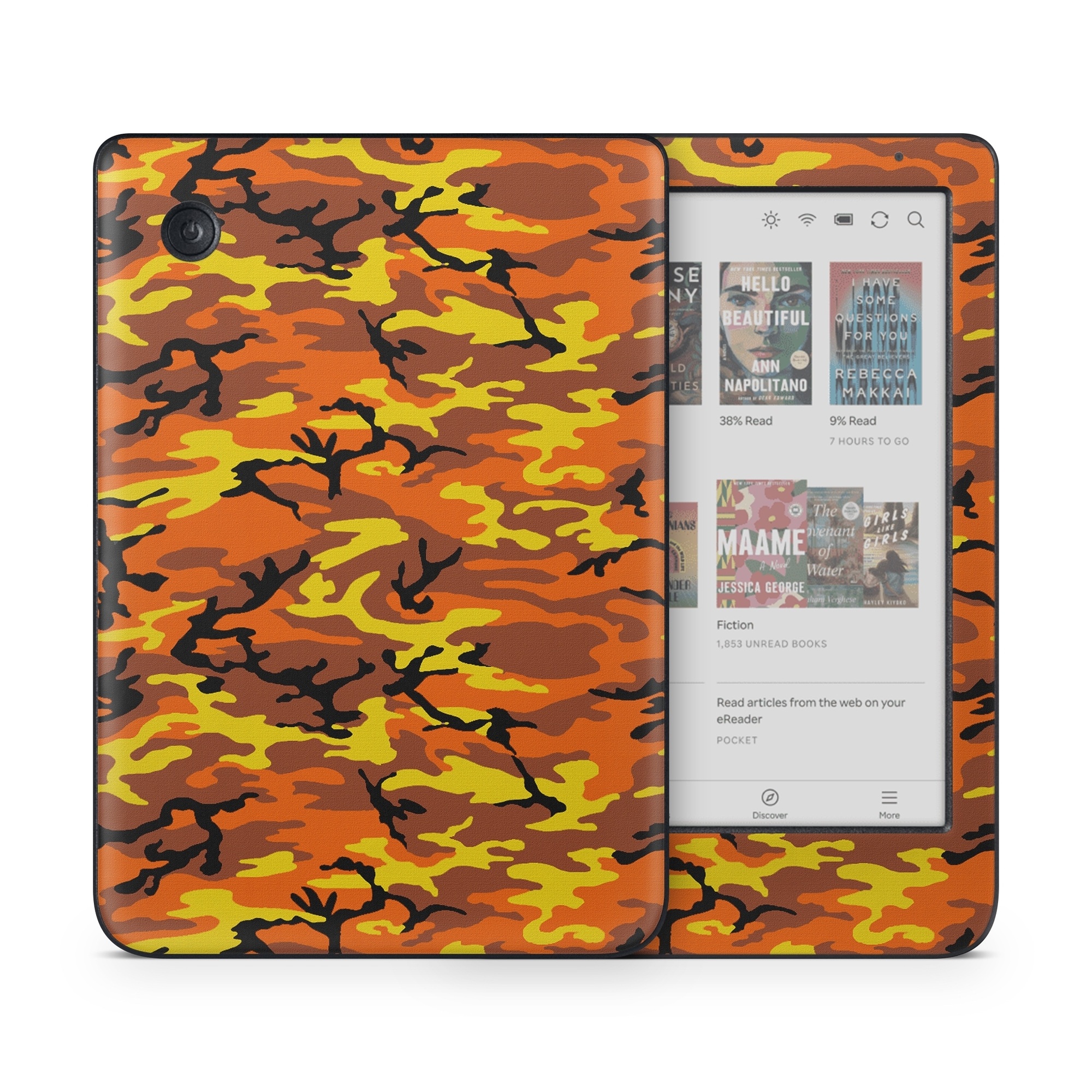 Kobo Clara Colour Skin design of Military camouflage, Orange, Pattern, Camouflage, Yellow, Brown, Uniform, Design, Tree, Wildlife, with red, green, black colors