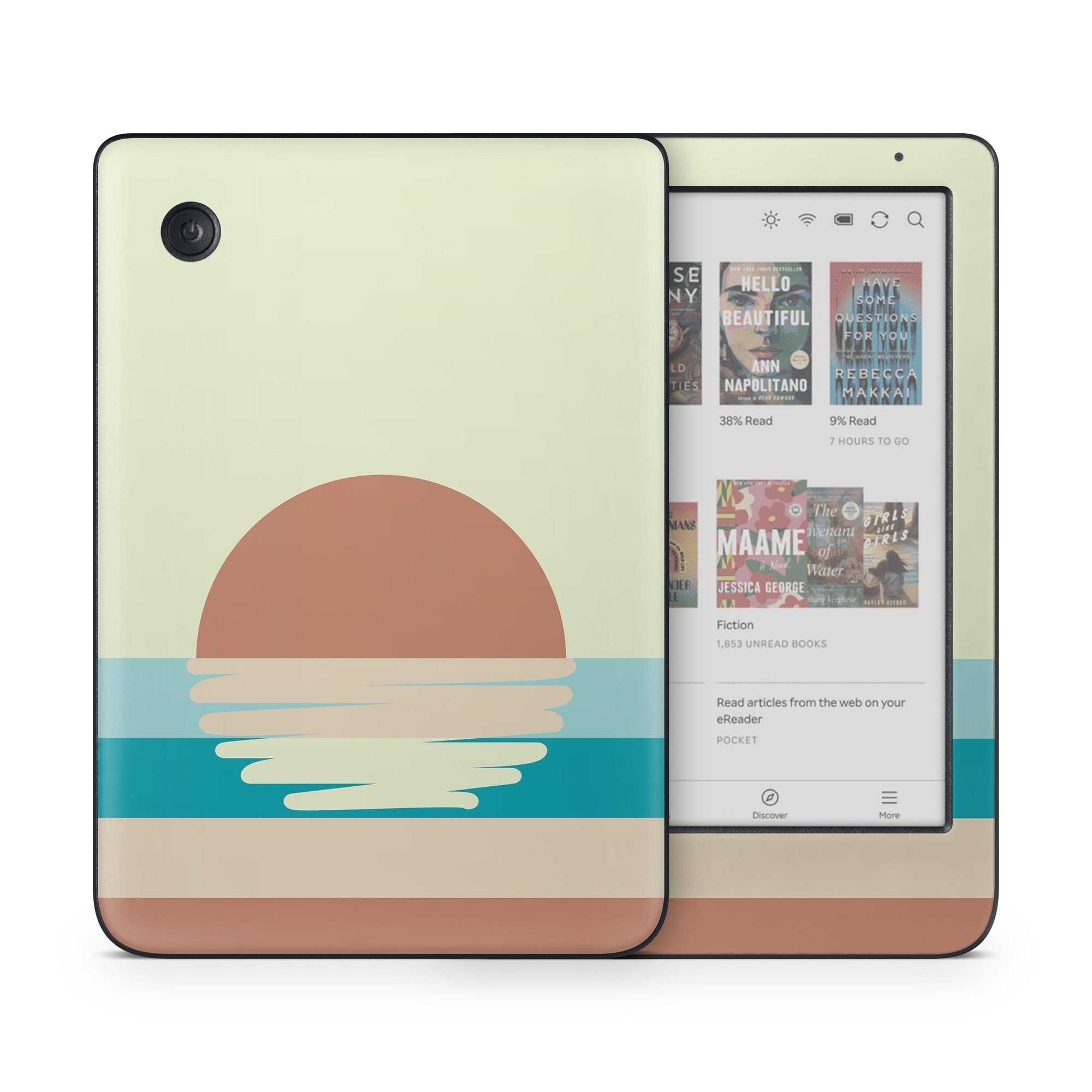 Kobo Clara Colour Skin design of Head, Water, Font, Electric blue, Horizon, Circle, Art, Sitting, Leisure, Graphics, with blue, yellow, brown, orange colors