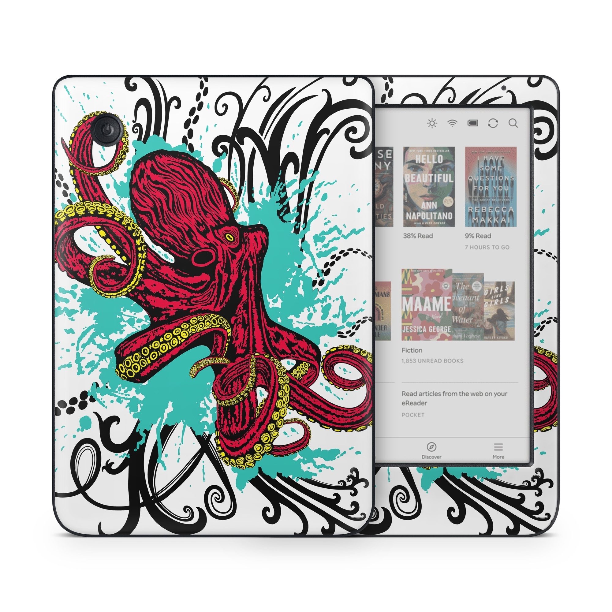 Kobo Clara Colour Skin design of Graphic design, Illustration, Visual arts, Octopus, Design, Art, Fictional character, Pattern, Clip art, Line art, with black, white, gray, red, blue, green colors