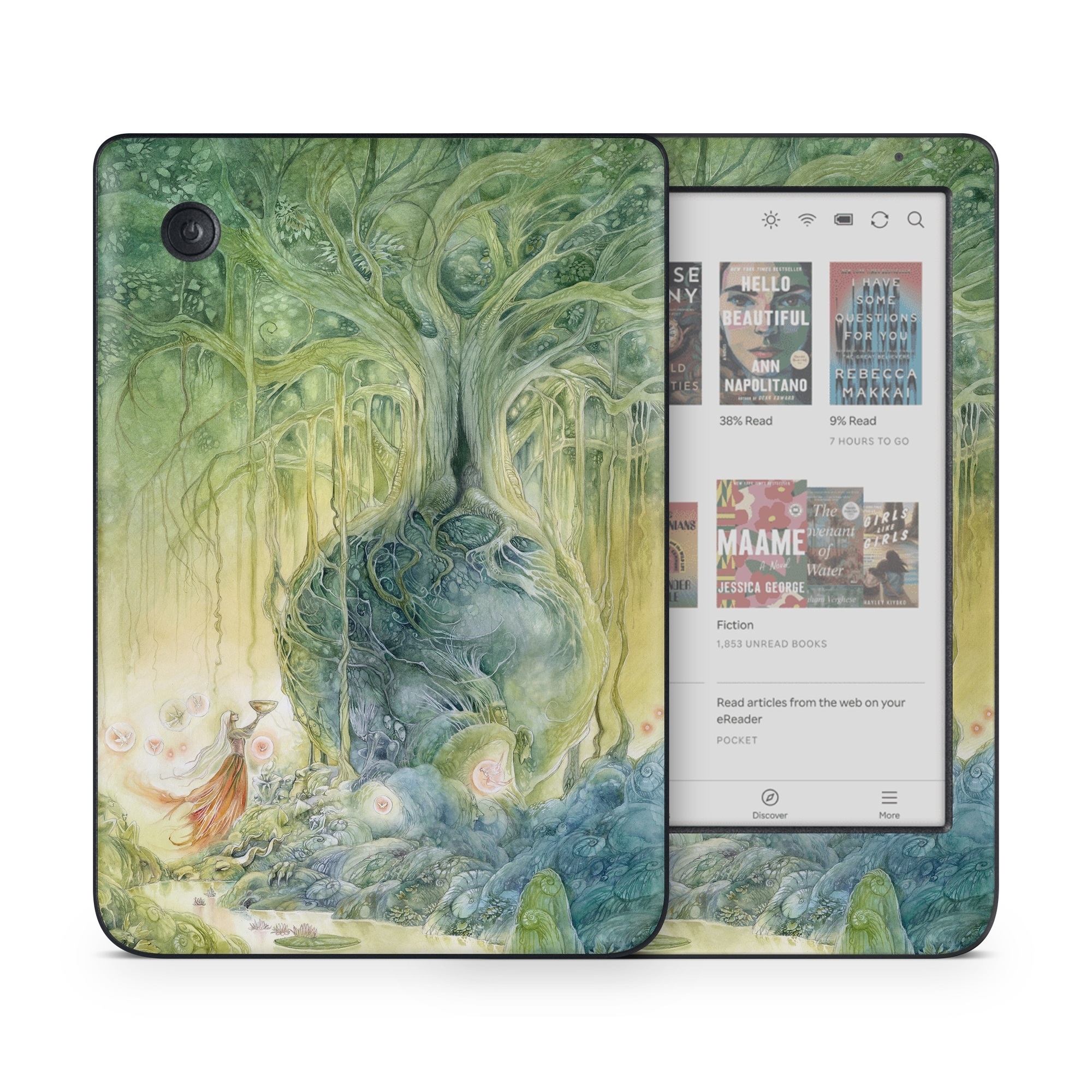 Kobo Clara Colour Skin design of Green, Watercolor paint, Painting, Water, Art, Illustration, Grass, Tree, Plant, Fictional character, with blue, green, red, yellow colors