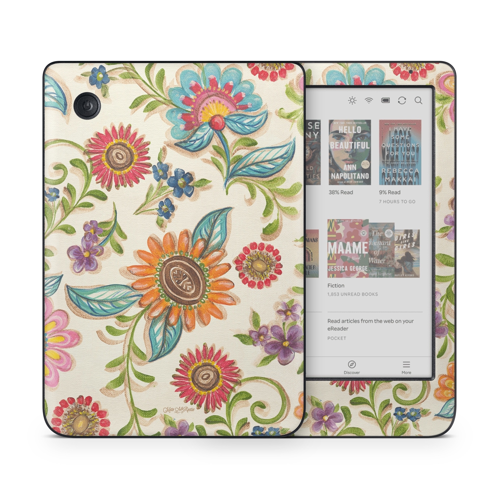 Kobo Clara Colour Skin design of Pattern, Floral design, Flower, Botany, Design, Visual arts, Textile, Plant, Wildflower, Pedicel, with gray, green, pink, yellow, red, blue colors