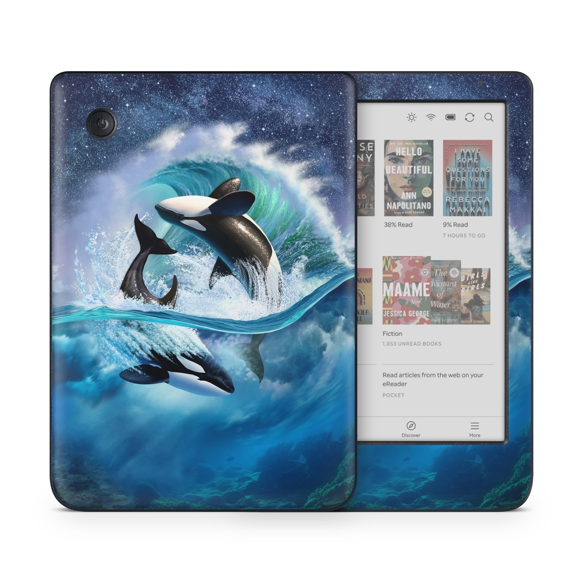 Kobo Clara Colour Skin design of Dolphin, Short-beaked common dolphin, Sky, Cetacea, Killer whale, Marine mammal, Water, Illustration, Bottlenose dolphin, Common bottlenose dolphin, with black, blue, white, green colors