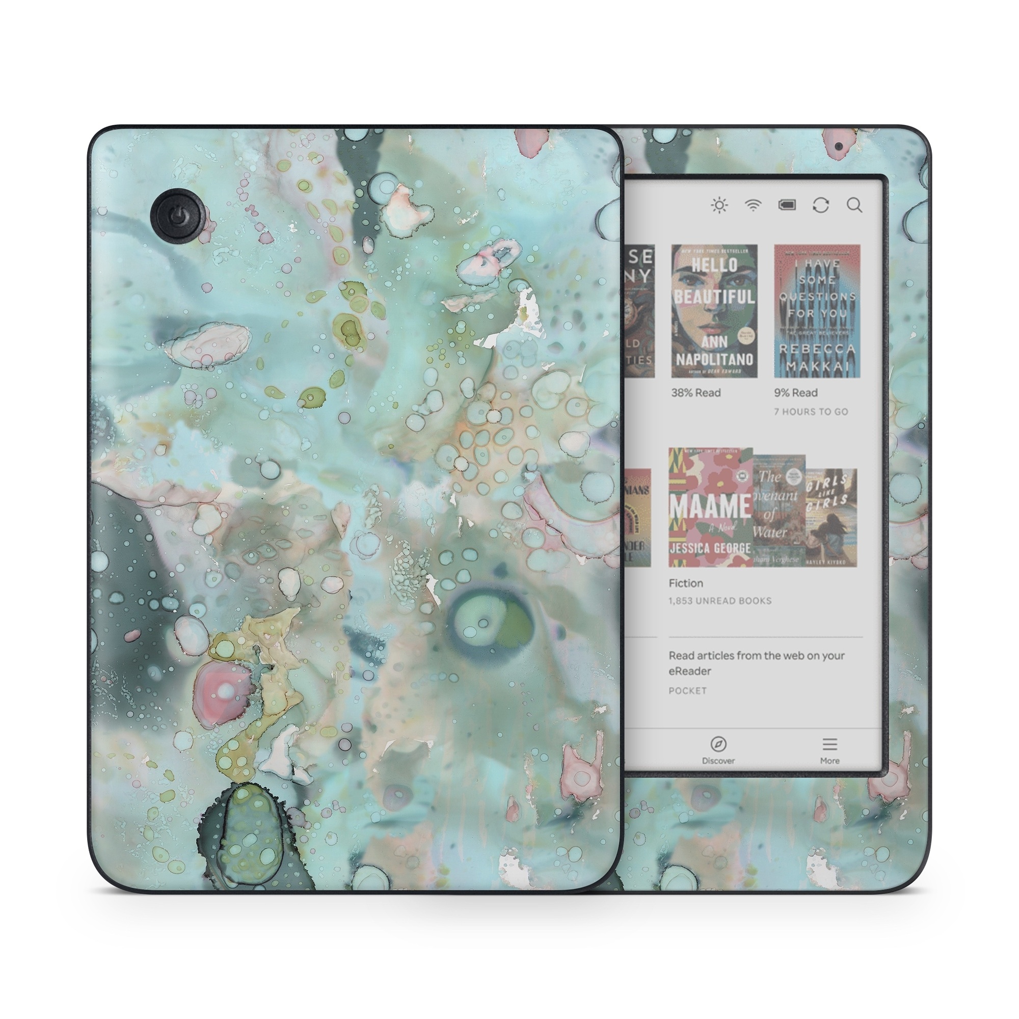 Kobo Clara Colour Skin design of Aqua, Blue, Green, Watercolor paint, Pattern, Turquoise, Organism, Design, Art, Painting, with blue, green, pink colors
