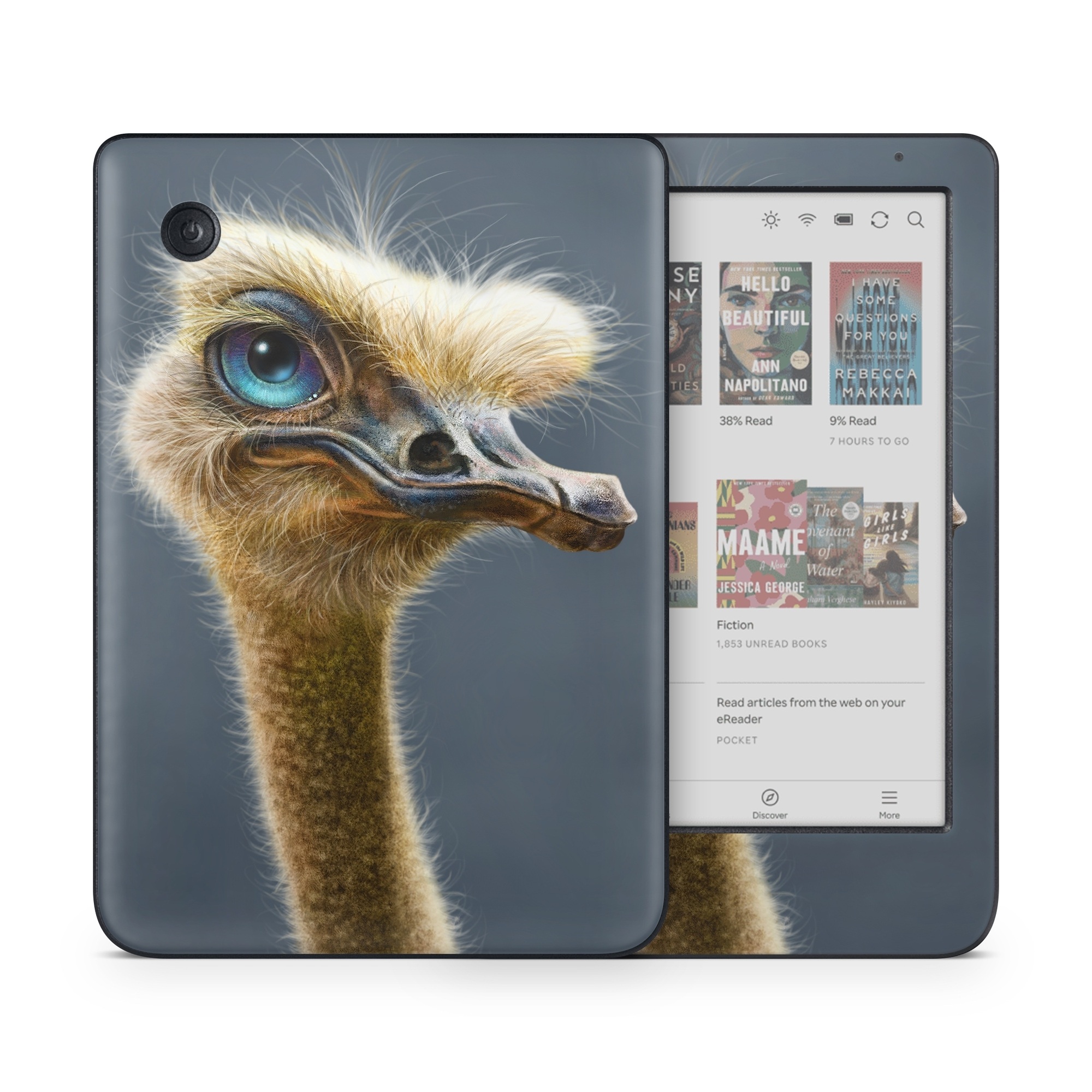 Kobo Clara Colour Skin design of Ostrich, Flightless bird, Ratite, Bird, Beak, Close-up, Emu, Wildlife, Organism, Terrestrial animal, with black, gray, blue, green, red colors