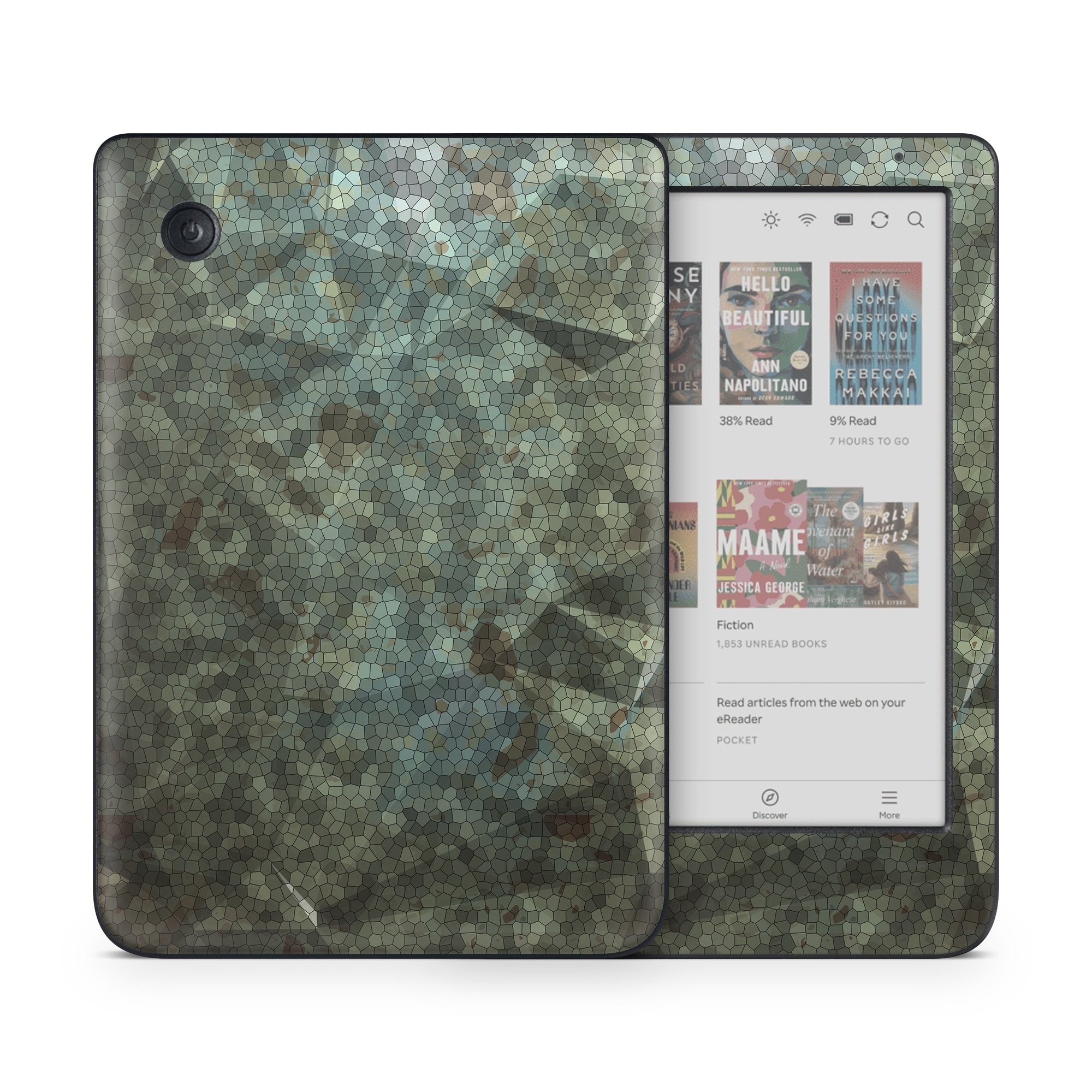 Kobo Clara Colour Skin design of Green, Pattern, Brown, Wall, Design, Rock, Geology, Camouflage, Granite, Metal, with black, brown, blue, gray, white colors