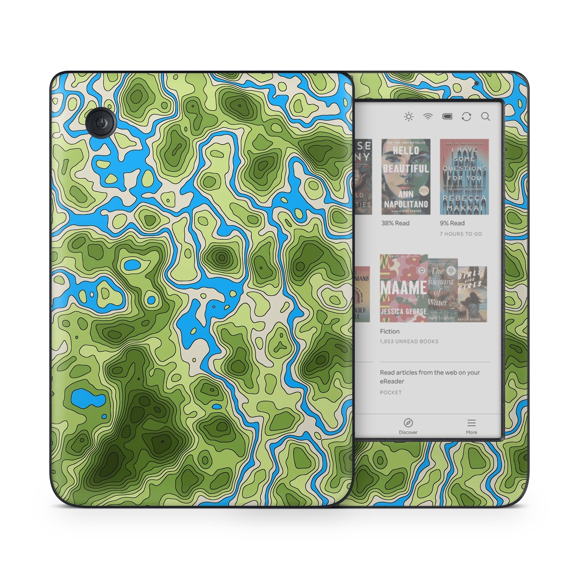 Kobo Clara Colour Skin design of Botany, Azure, Organism, Vegetation, Aqua, Terrestrial plant, Symmetry, Electric blue, Pattern, Art, with green, blue colors