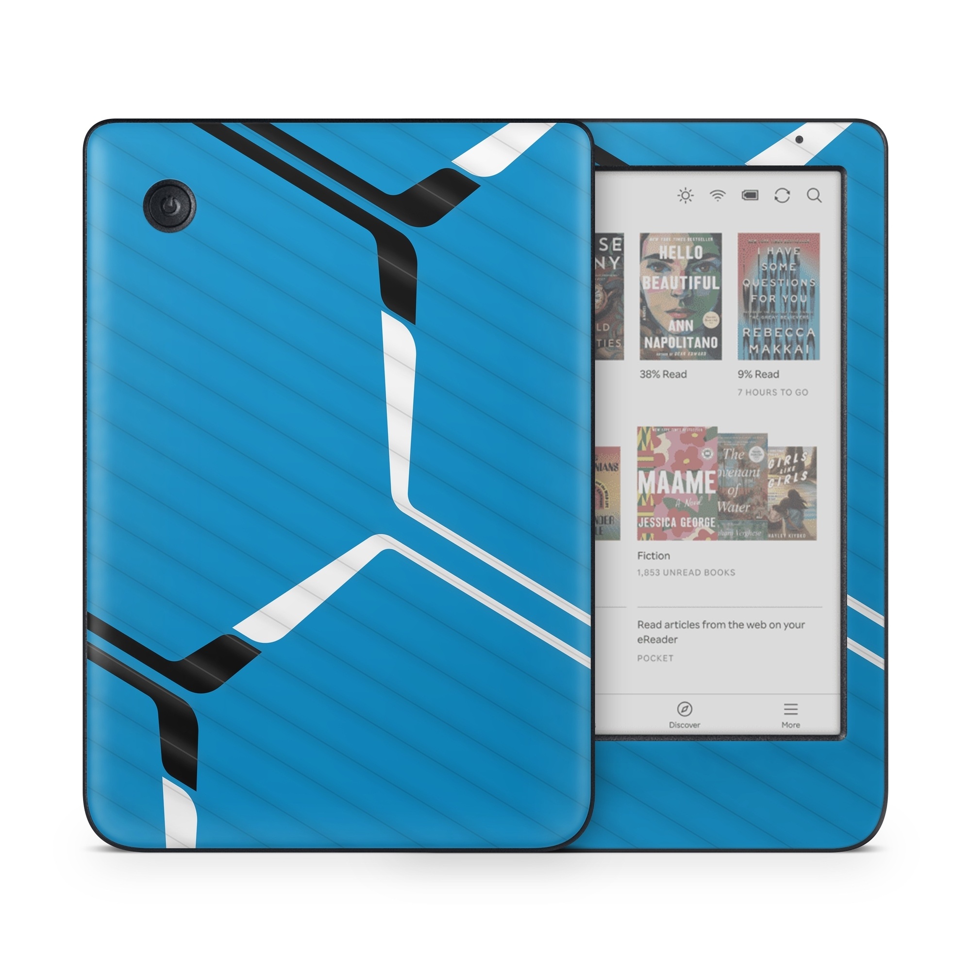 Kobo Clara Colour Skin design of Azure, Triangle, Parallel, Font, Electric blue, Pattern, Symmetry, Table, Symbol, Logo, with blue, black, white colors