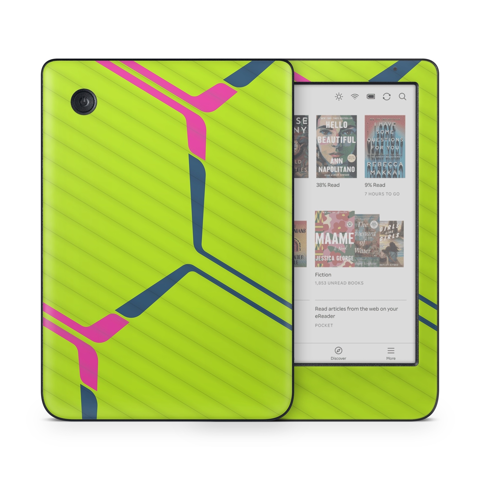 Kobo Clara Colour Skin design of Colorfulness, Triangle, Font, Parallel, Symmetry, Tints and shades, Pattern, Electric blue, Slope, Magenta, with green, pink, blue colors