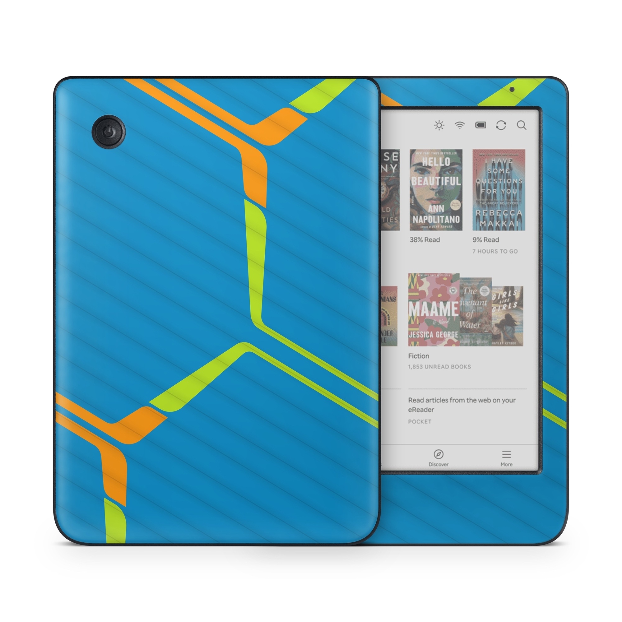 Kobo Clara Colour Skin design of Azure, Triangle, Rectangle, Parallel, Electric blue, Symmetry, Font, Pattern, Circle, Sky, with blue, orange, green colors