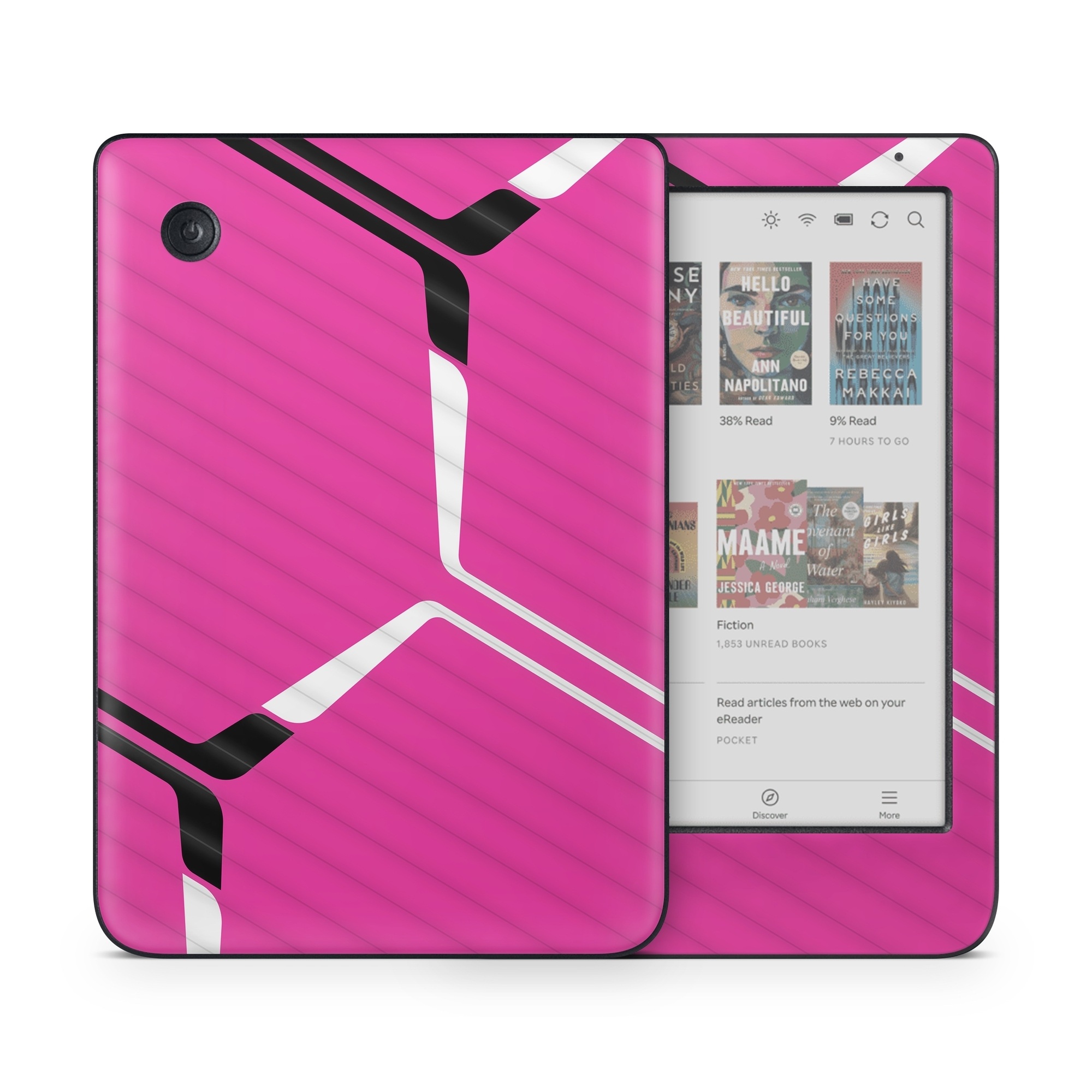 Kobo Clara Colour Skin design of Textile, Sleeve, Jersey, Purple, Pink, Violet, Font, Magenta, Material property, Electric blue, with pink, black, white colors
