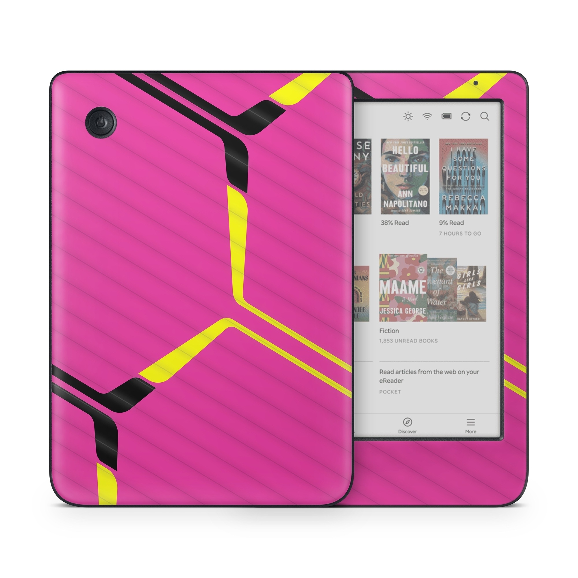 Kobo Clara Colour Skin design of Purple, Textile, Sleeve, Jersey, Violet, Triangle, Font, Magenta, Collar, Parallel, with pink, black, yellow colors