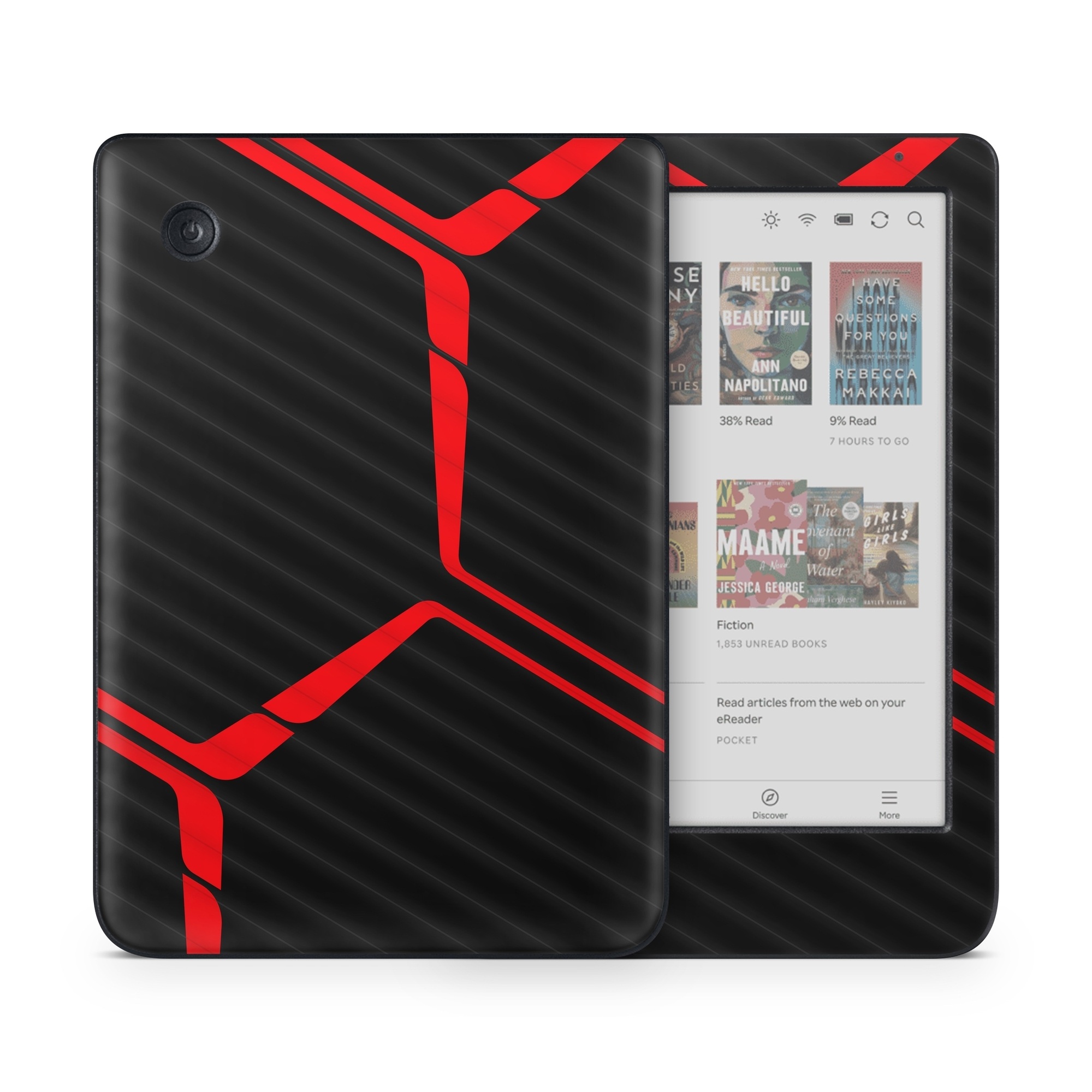 Kobo Clara Colour Skin design of Sleeve, Triangle, Font, Rectangle, Parallel, Magenta, Electric blue, Pattern, Symmetry, T-shirt, with black, red colors