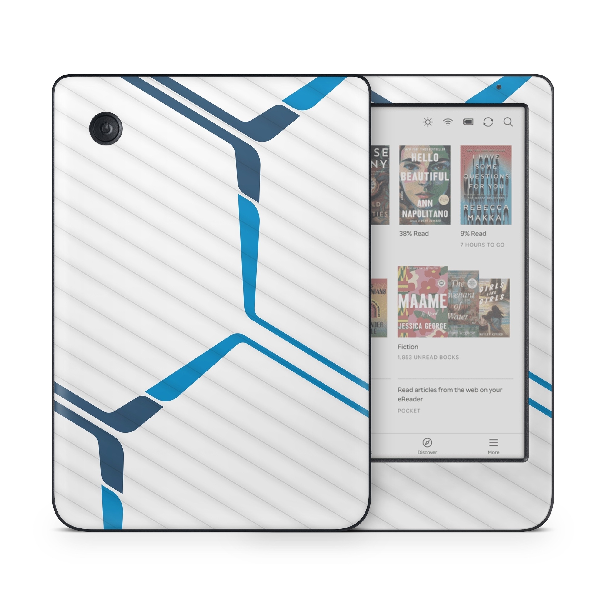 Kobo Clara Colour Skin design of Textile, Sleeve, Font, Parallel, Pattern, Electric blue, Jersey, Sportswear, Symmetry, Graphics, with white, blue colors