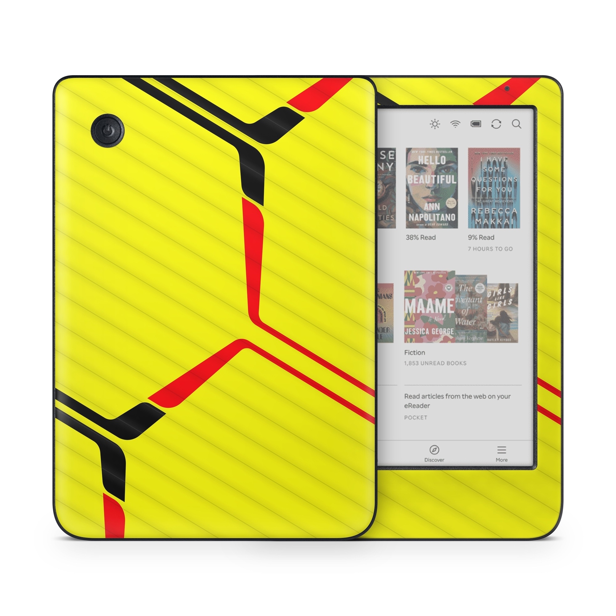Kobo Clara Colour Skin design of Rectangle, Yellow, Parallel, Font, Tints and shades, Wood, Triangle, Pattern, Graphics, Symmetry, with yellow, black, red colors