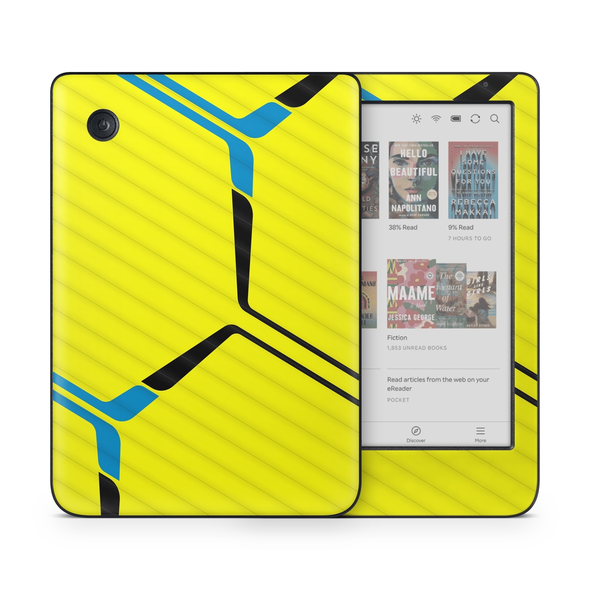Kobo Clara Colour Skin design of Azure, Triangle, Font, Parallel, Symmetry, Pattern, Electric blue, Symbol, Rectangle, Design, with yellow, blue colors