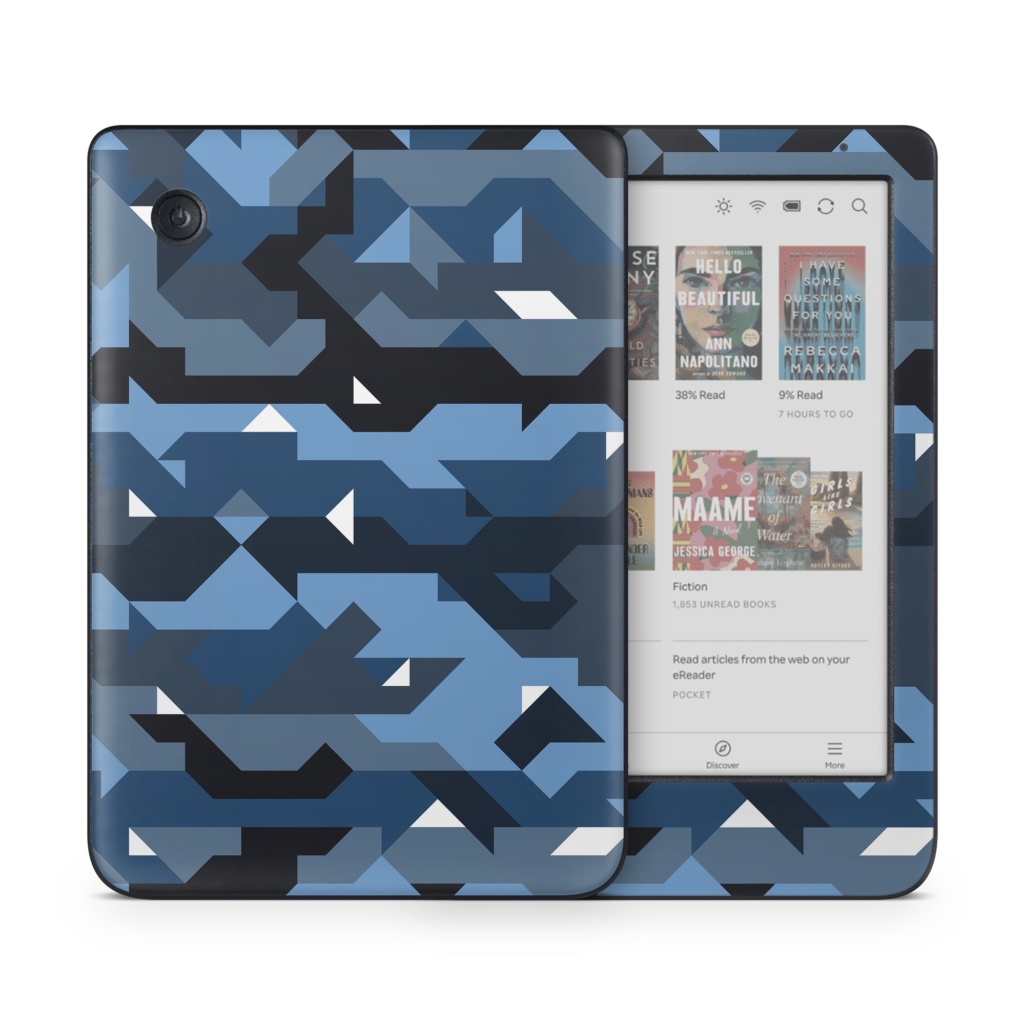 Kobo Clara Colour Skin design of Blue, Pattern, Design, Font, Line, Camouflage, Illustration, Triangle, with blue, black, white, gray colors