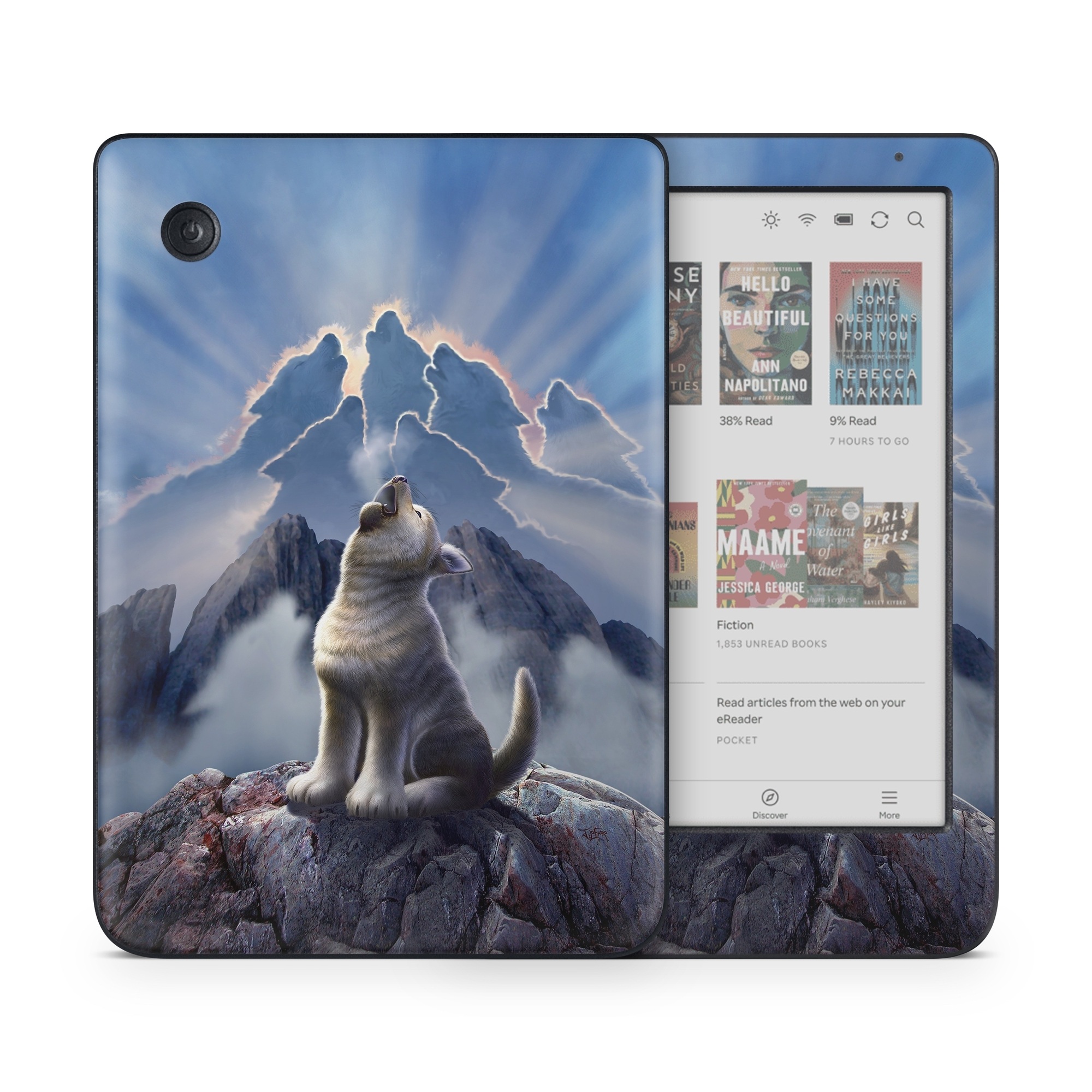 Kobo Clara Colour Skin design of Sky, Cloud, Atmosphere, Rock, Wolf, Photography, Cg artwork, Illustration, Mountain, Mythology, with white, blue, gray, brown colors