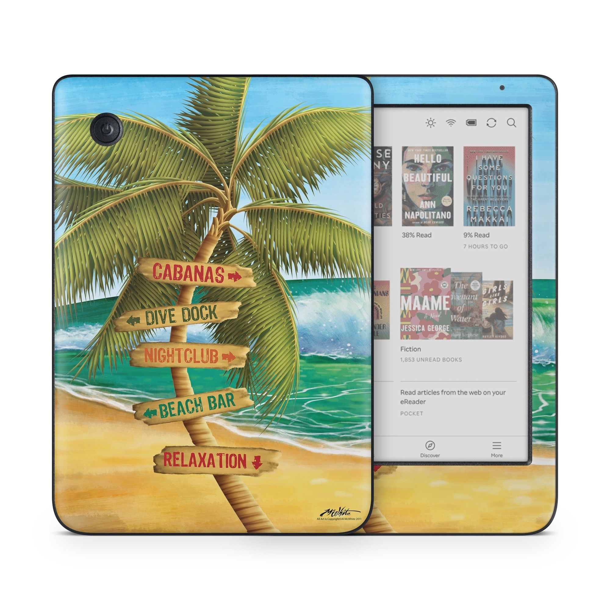 Kobo Clara Colour Skin design of Palm tree, Arecales, Tropics, Tree, Caribbean, Wave, Water, Coconut, Ocean, Elaeis, with green, purple, gray, black, blue colors