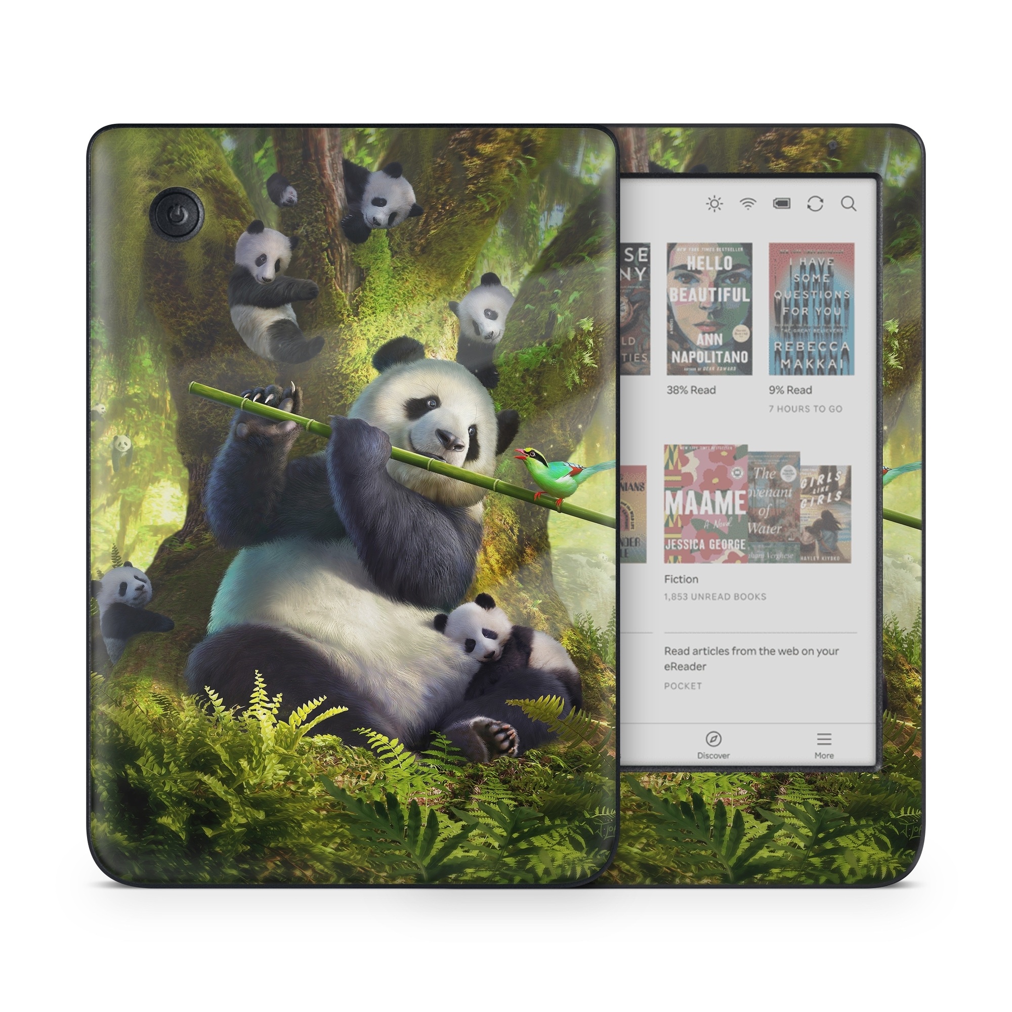 Kobo Clara Colour Skin design of Plant, Organism, Grass, Adaptation, Terrestrial animal, Painting, People in nature, Art, Beak, Panda, with white, black, brown, green, gray, yellow colors