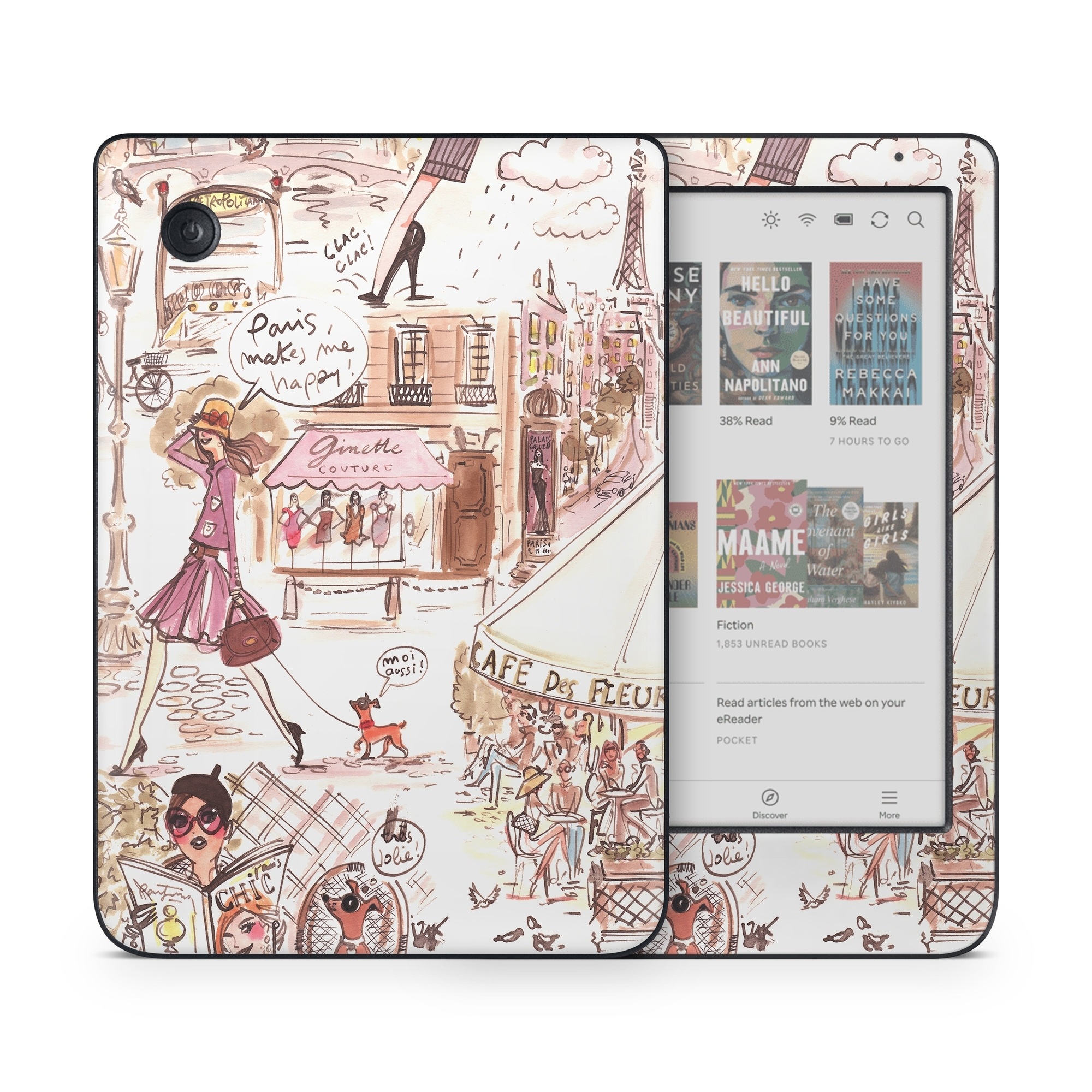 Kobo Clara Colour Skin design of Cartoon, Illustration, Comic book, Fiction, Comics, Art, Human, Organism, Fictional character, Style, with gray, white, pink, red, yellow, green colors