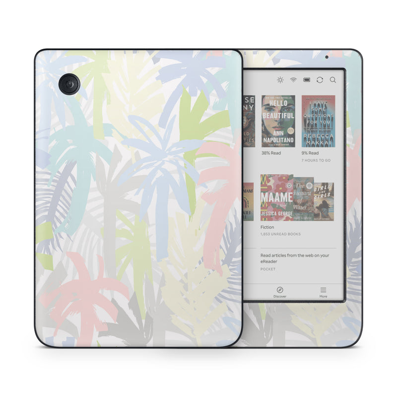 Kobo Clara Colour Skin design of Palm trees, with bllue, green, pink, yellow, white, gray colors