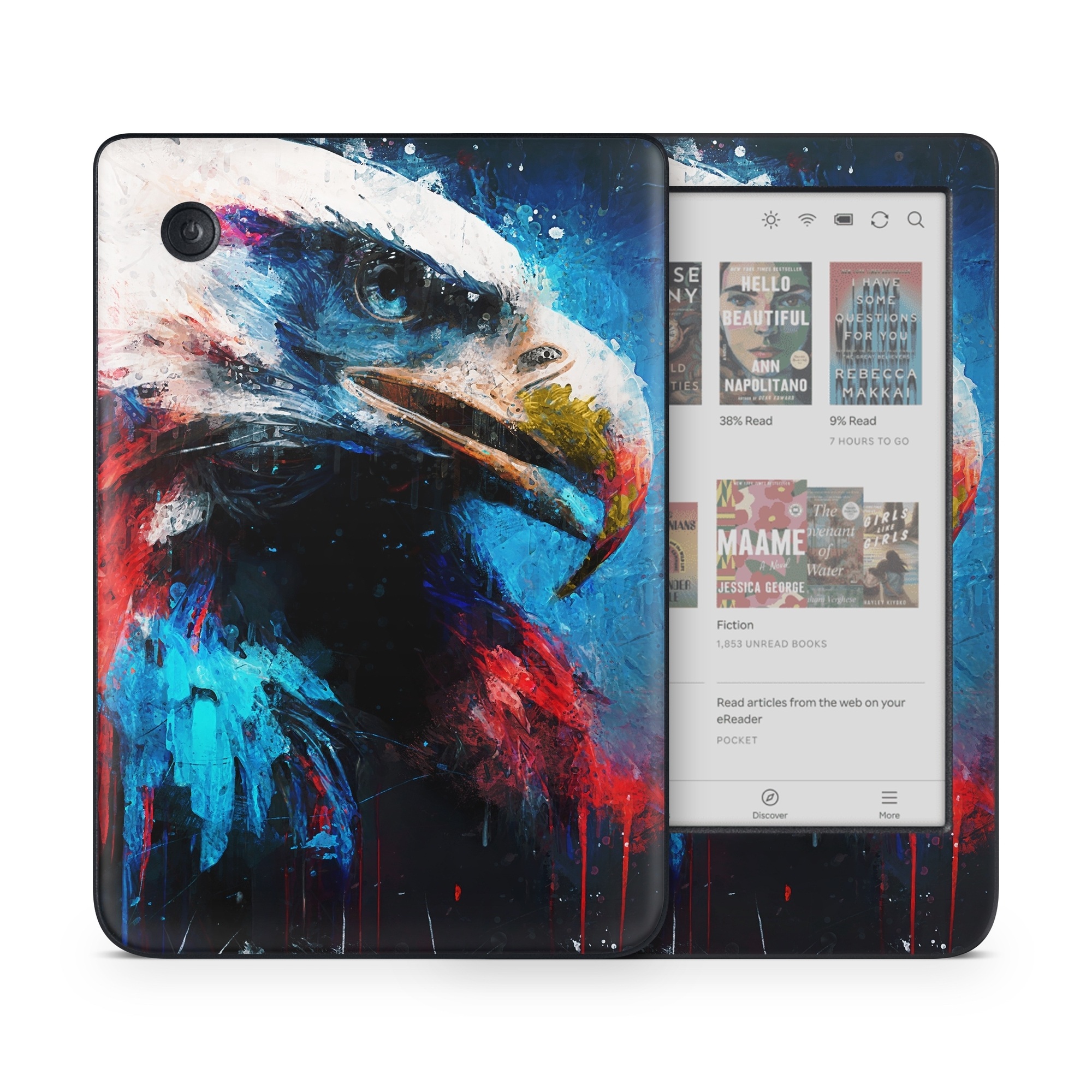 Kobo Clara Colour Skin design of Bird, Beak, Organism, Art, Feather, Paint, Painting, Accipitridae, Bird of prey, Electric blue, with blue, red, white, black, gray, yellow colors