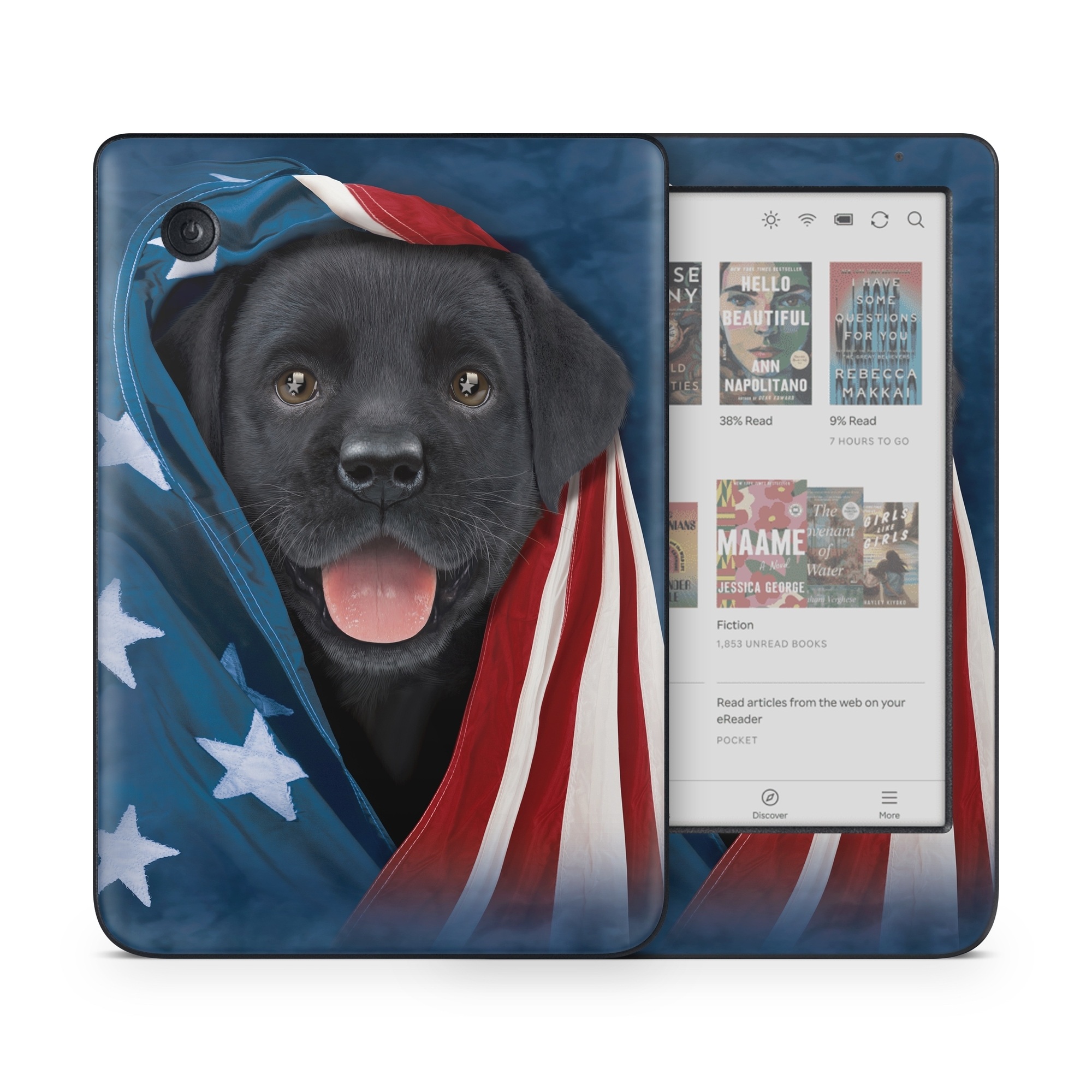 Kobo Clara Colour Skin design of Canidae, Dog, Dog breed, Flag, Snout, Carnivore, Sporting Group, Labrador retriever, Flag of the united states, Puppy, with black, gray, white, blue, red colors
